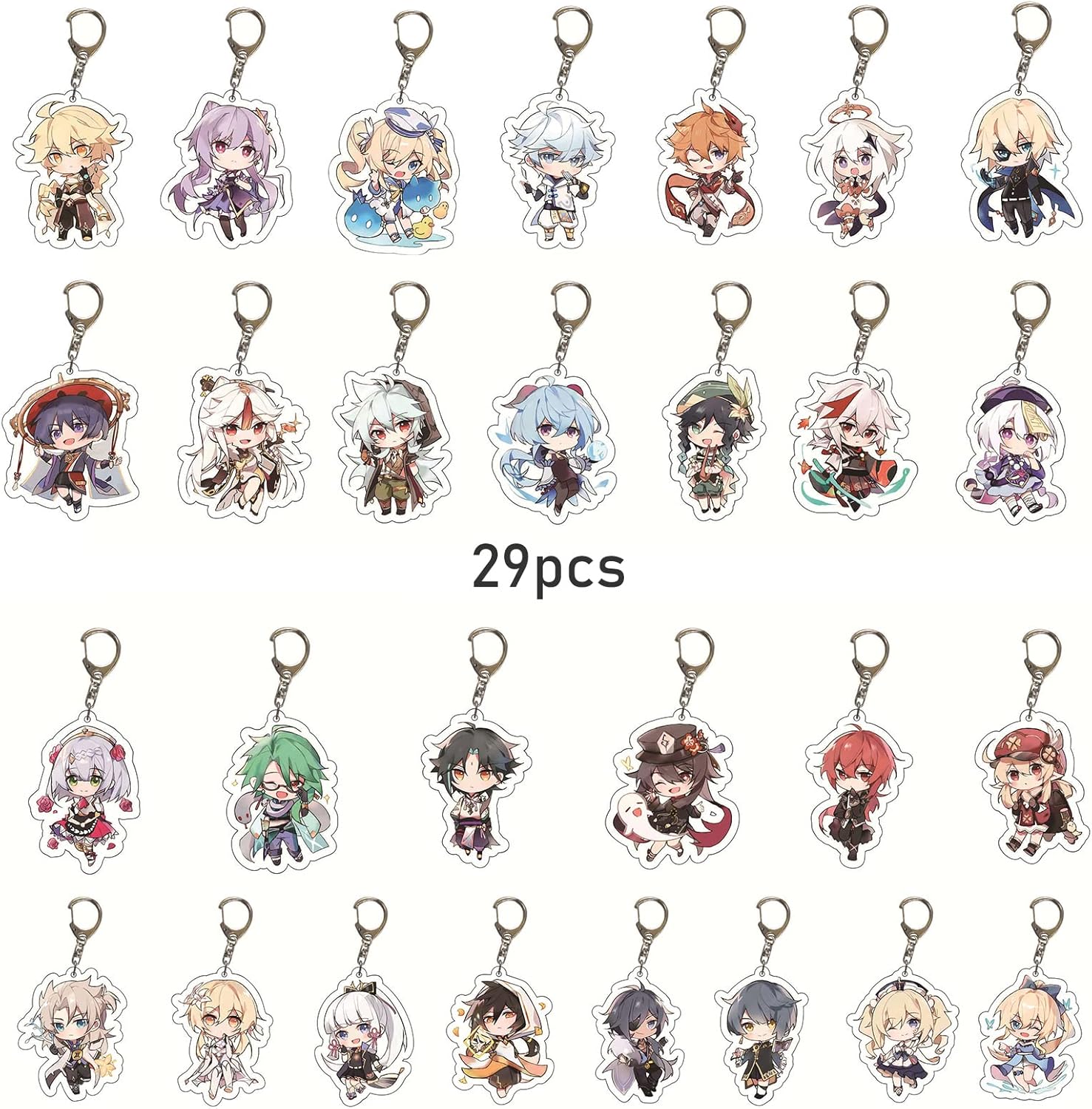 SUREHOME Genshin Impact Keychain Bulk, 29 Pack Acrylic Genshin Impact Figure Keychain Exquisite Anime Keychains Genshin Impact Merch Hu Tao Ganyu Venti Childe Klee Cute Party Favors for Kids Backpack