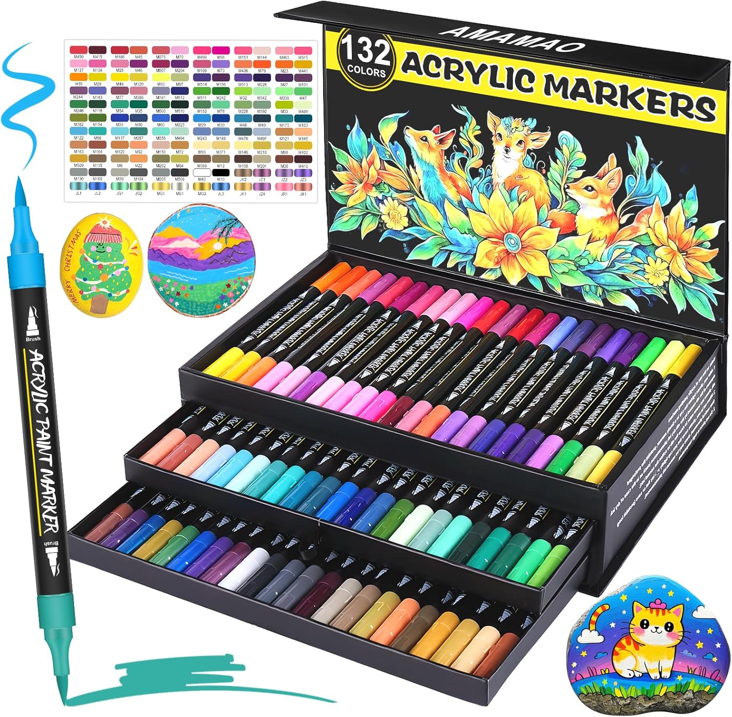 Amamao 132 Colors Acrylic Paint Markers Pens Set,66 Pack Brush Acrylic Paint Markers for Rock Painting Fabric Plastic Wood Canvas Stone Glass Paper DIY Craft Supplies