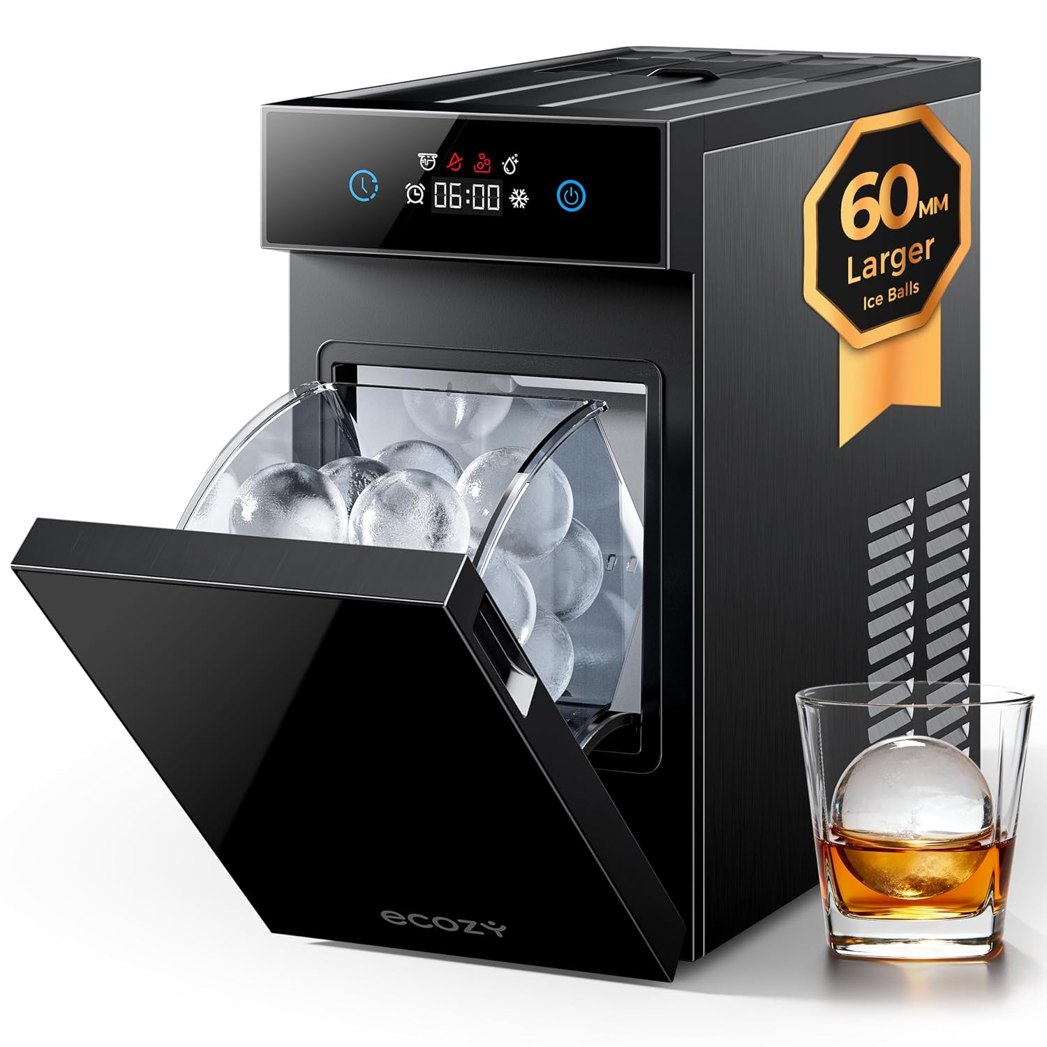 ecozy 2.4" / 60 mm Clear Ice Ball Maker, 8H Timer, Compact Sphere Ice Maker