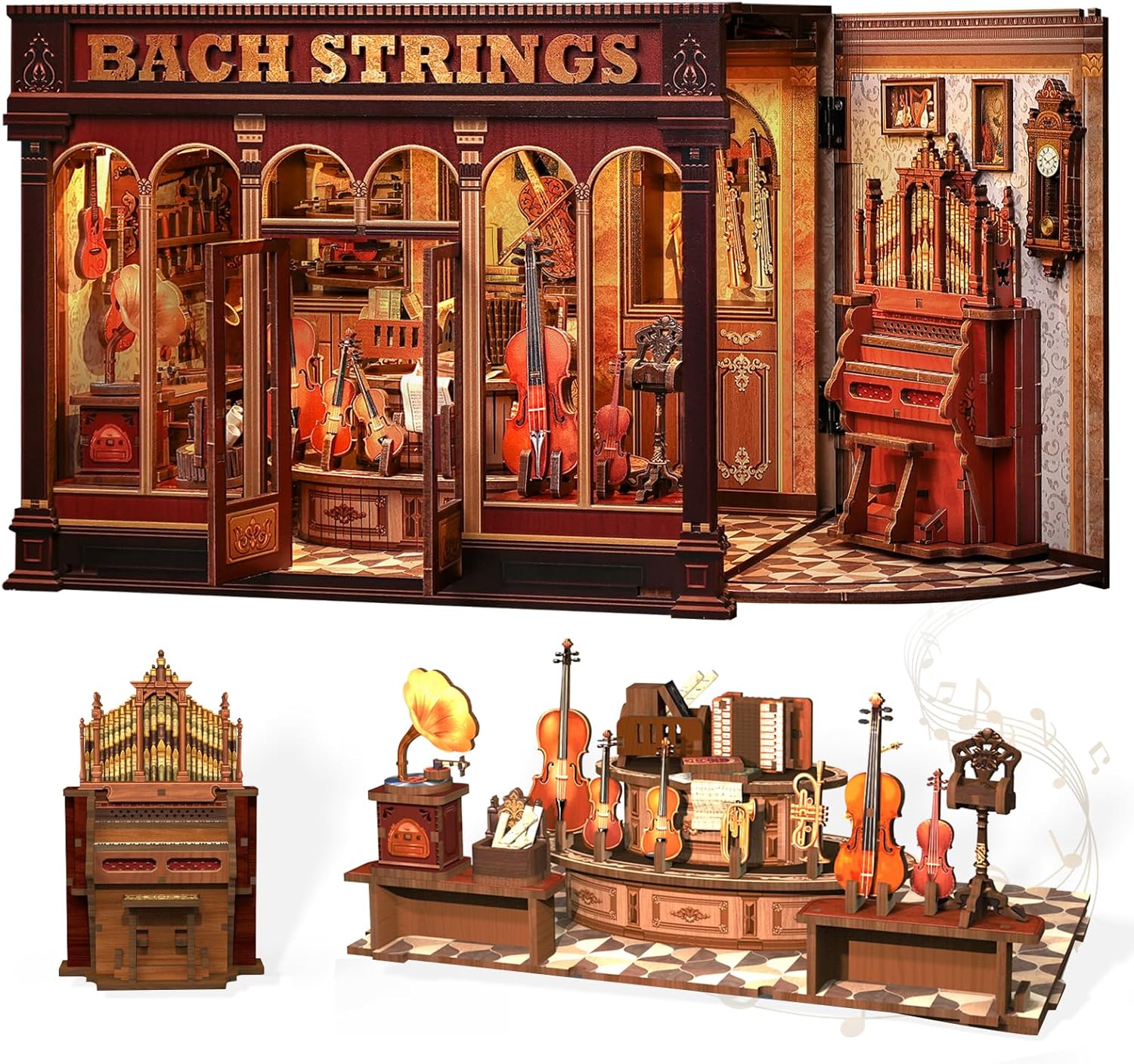 CUTEBEE Book Nook Kit - DIY Miniature Dollhouse Kits for Adults and Teens, 3D Wooden Bookshelf Decor Alley Model Build with LED Light, Gifts for Family and Friends（Bach Strings)