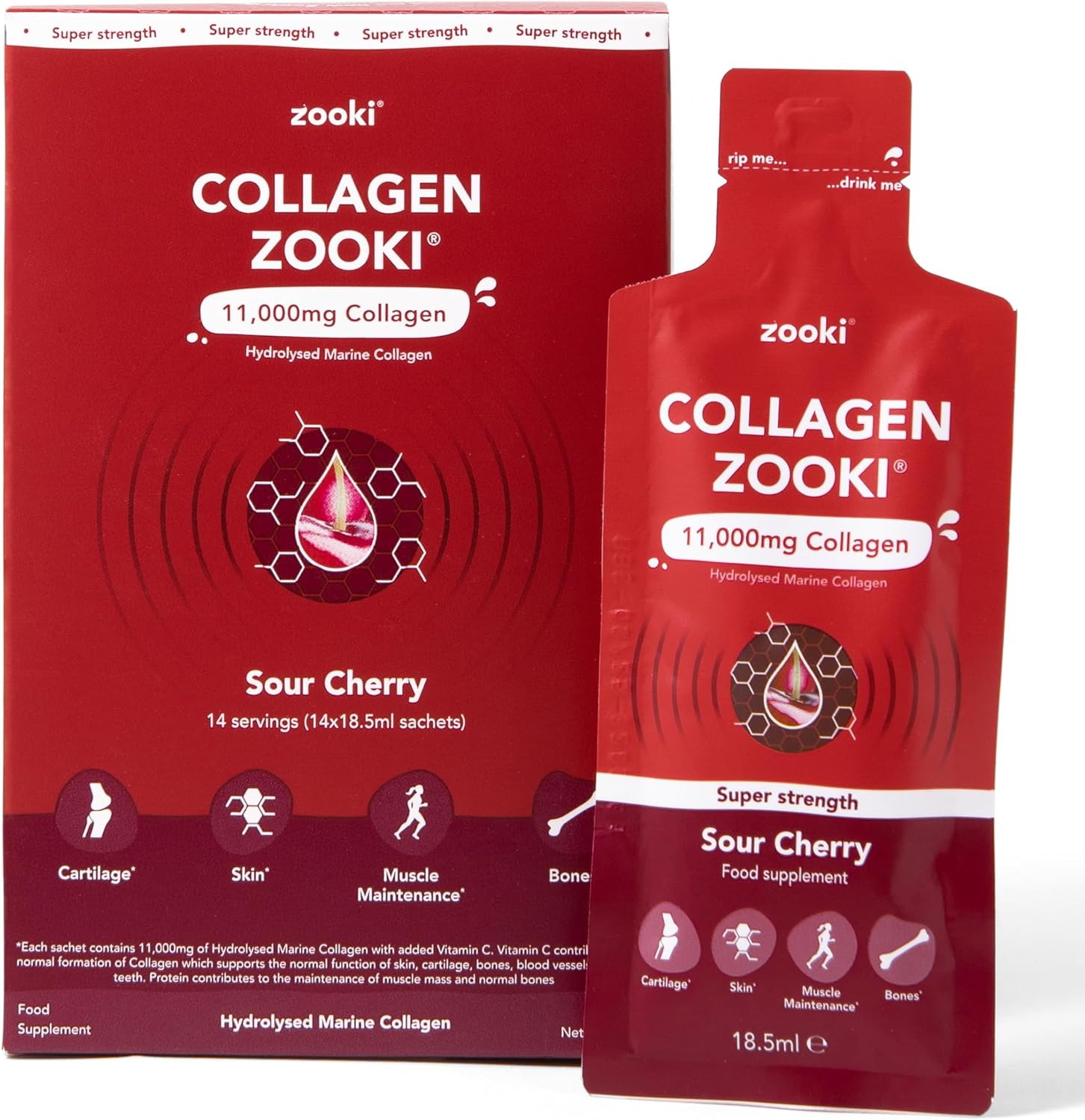 Zooki 11,000mg Super Strength Marine Collagen Liquid Sachets | Hydrolysed Peptides | Ultimate Skin, Hair, Nails, Joints, Bones & Muscles Support (Sour Cherry Flavour, 14 Servings)