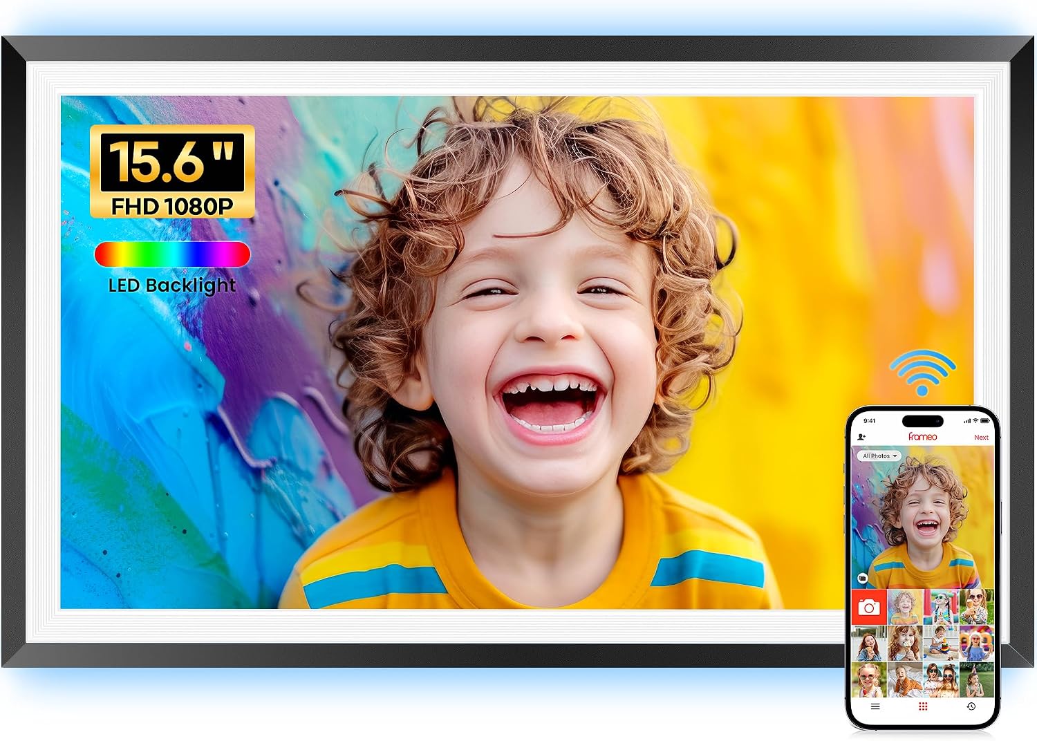 Frameo Digital Photo Frame -15.6" WiFi Large Digital Picture Frame with 1920x1080 FHD IPS Touchscreen, Built-in 32GB Storage, Instant Sharing via Frameo App, LED Lighting,Auto-Rotation