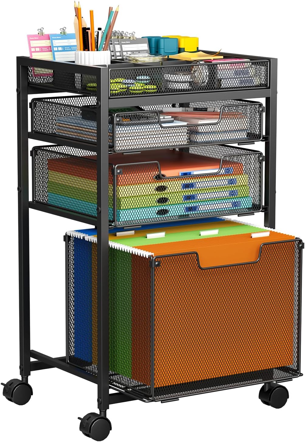 Rolling File Cart with 3 Storage Drawers, Mobile Filing Cabinet with DIY Divider, Hanging File Folder Organizer on Wheels, Fits A4/Letter Size, Under Desk Utility Cart for Home Office