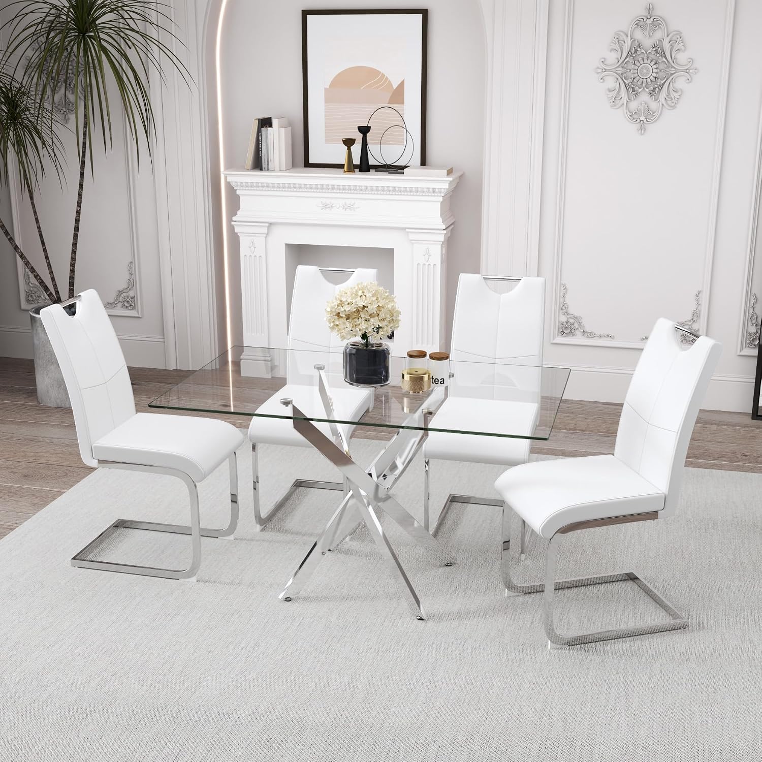 IMHKAM Glass Dining Table and Chairs Set for 4 Modern Rectangular Kitchen Table with Silver Metal Frame and 4pcs Faux Leather Padded Seats for Dining Room, Apartments