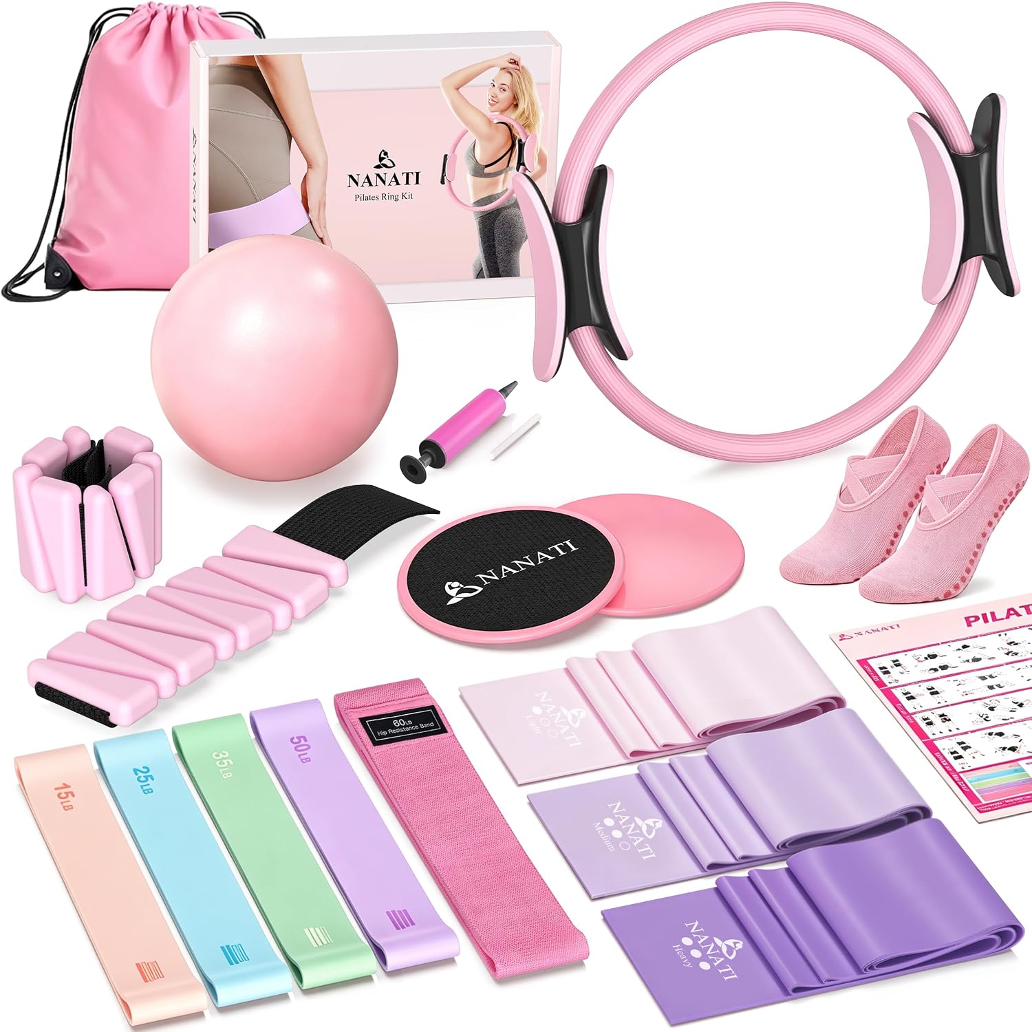 NANATI Pilates Kit, Home Pilates Workout Kit for Women, Pilates Equipment with 14.5"" Pilates Ring and Ball, Resistance Bands, Ankle Weights, Sliders & Grip Socks for Home Workouts