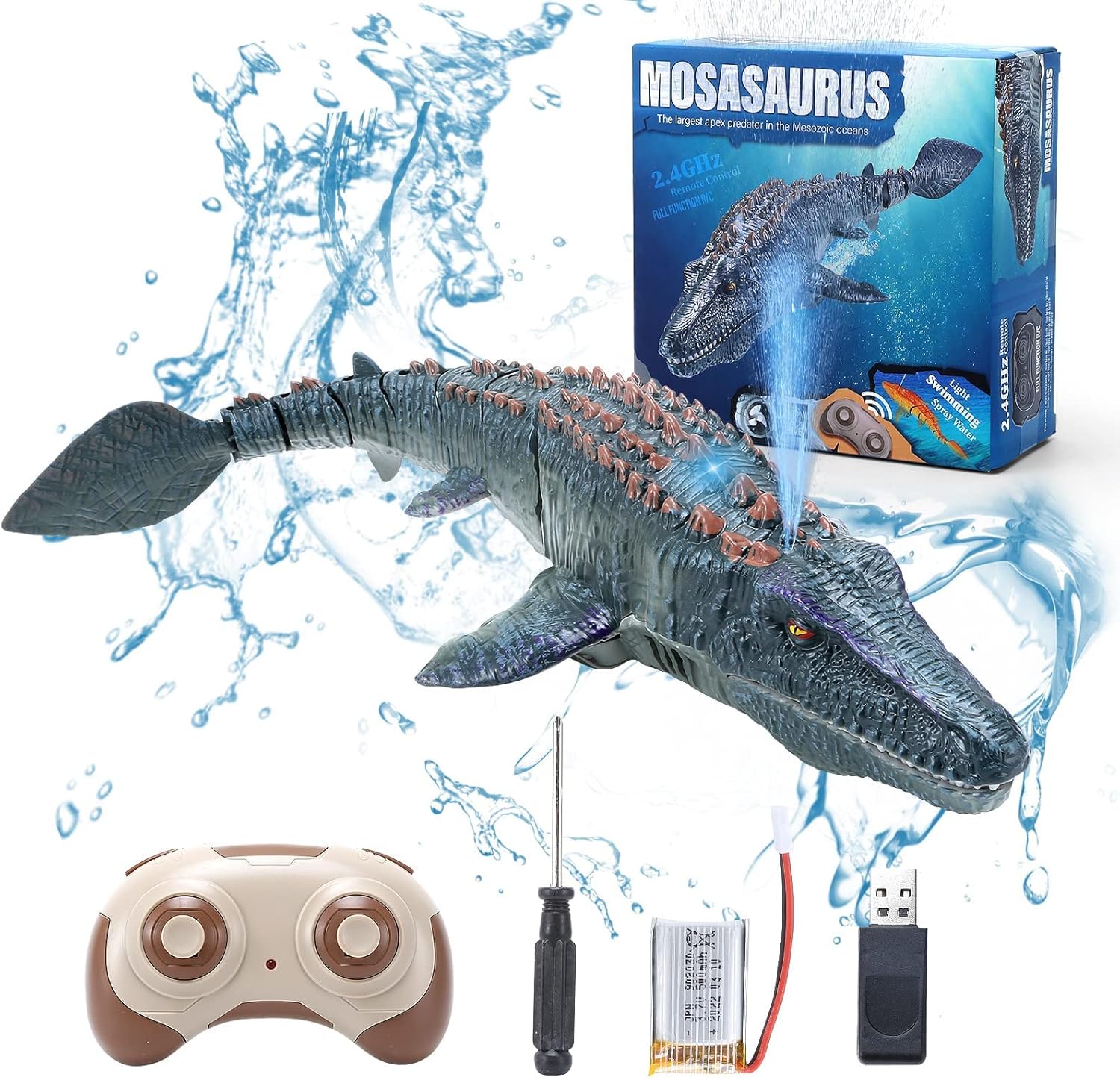 Remote Control Dinosaur Toys for Kids 3 4 5 6 7, Mosasaurus Diving Toys RC Boat with Light and Spray Water for Swimming Pool Lake Bathroom Ocean Protector Bath Toys