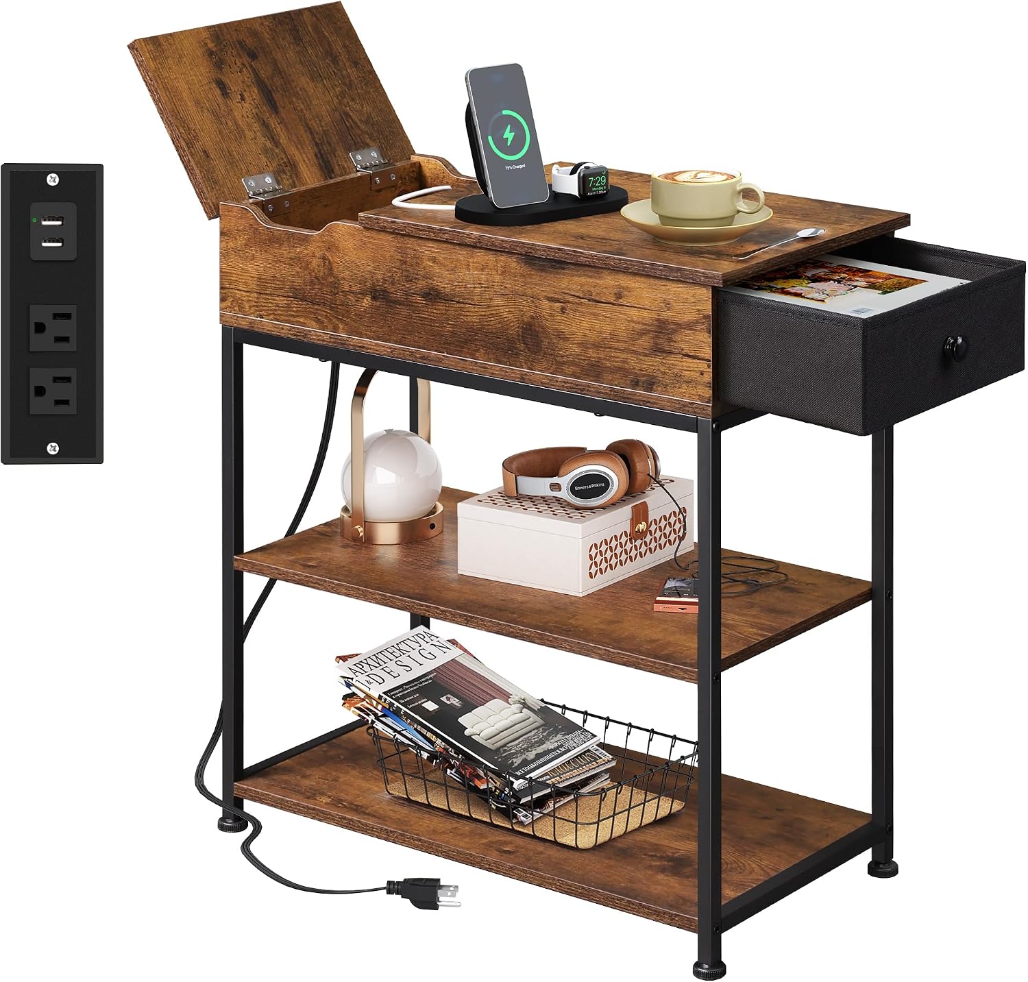 WLIVE Narrow Side Table with Charging Station, End Table for Living Room, Couch Side Table with Fabric Drawer for Bedroon, 11.8‘’W 23.6‘’L 24‘’H, Rustic Brown