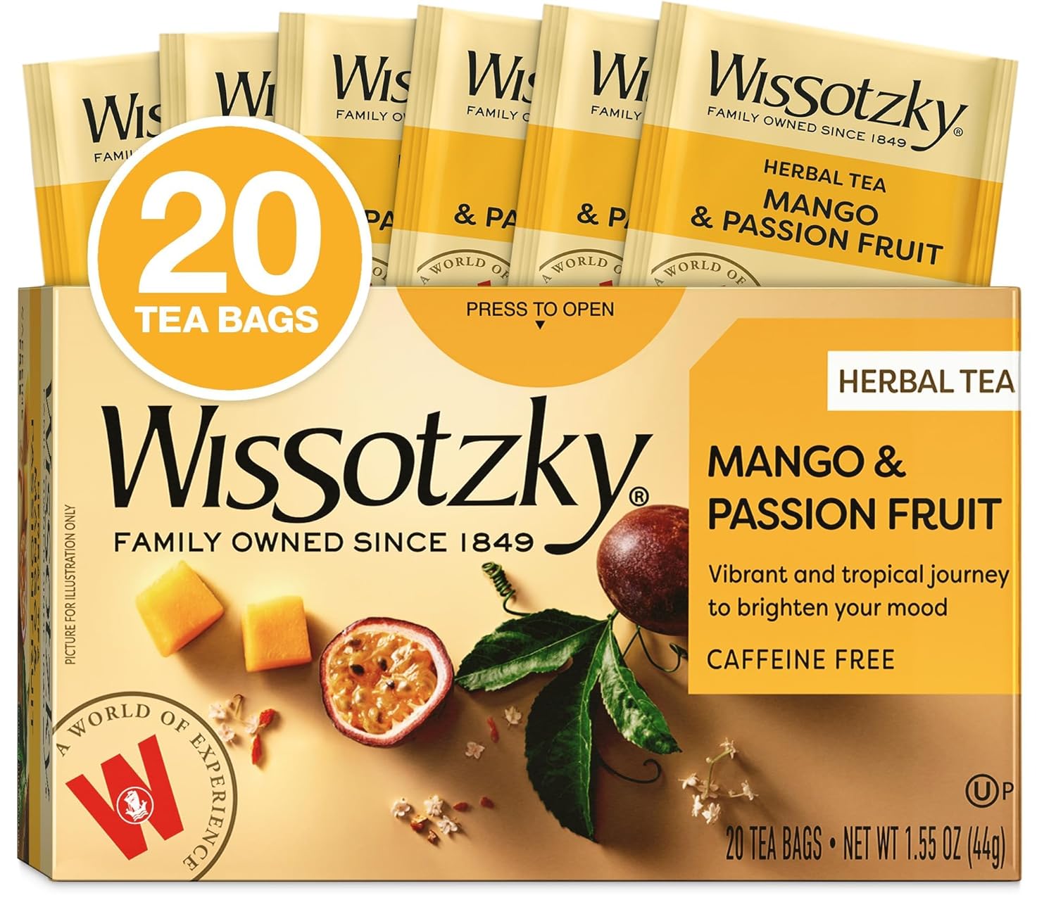 Wissotzky Mango & Passion Fruit Tea (20 Tea Bags) Caffine Free, Made With Premium Fruit & Herbal Tea Leaves