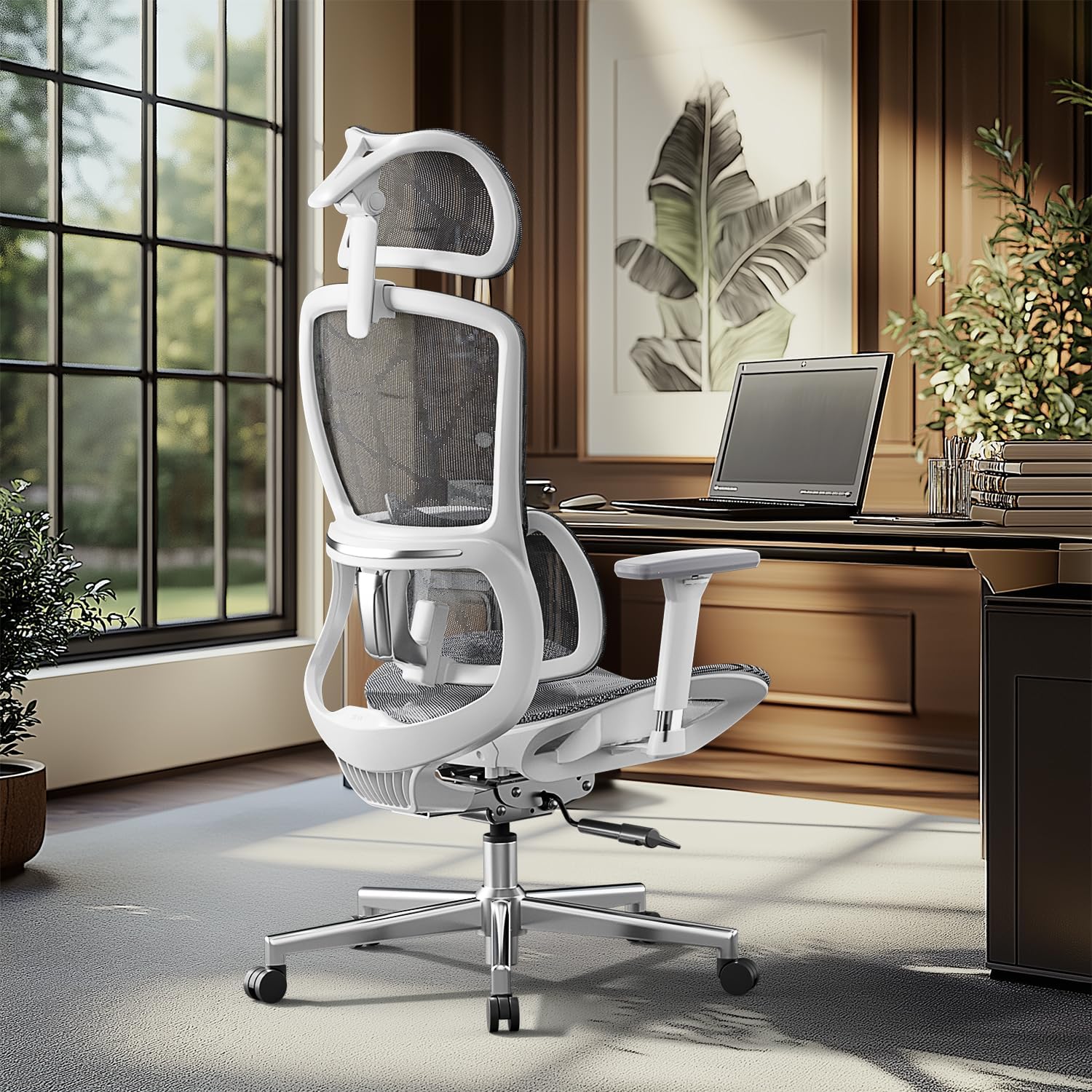 Hbada E2 Ergonomic Office Chair, Big and Tall Mesh Office Chair with 6-Way Dynamic Lumbar Support, 3D Adjustable Armrests, 3D Adjustable Headrest, High Back for Computer Chair, White(No Footrest)