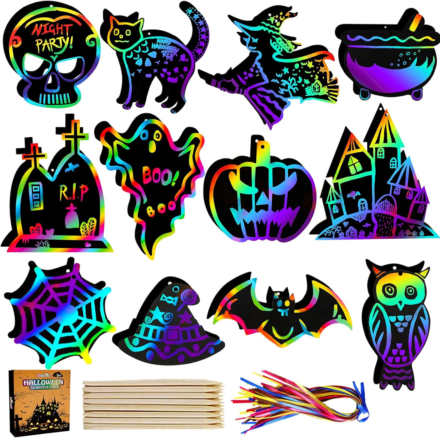 Max Fun Halloween Crafts for Kids, 48Pack Scratch Art Paper Cards Craft Kits Gifts, Magic Rainbow Ornaments Hanging Halloween Games Party Supplies Favors Classroom Activities