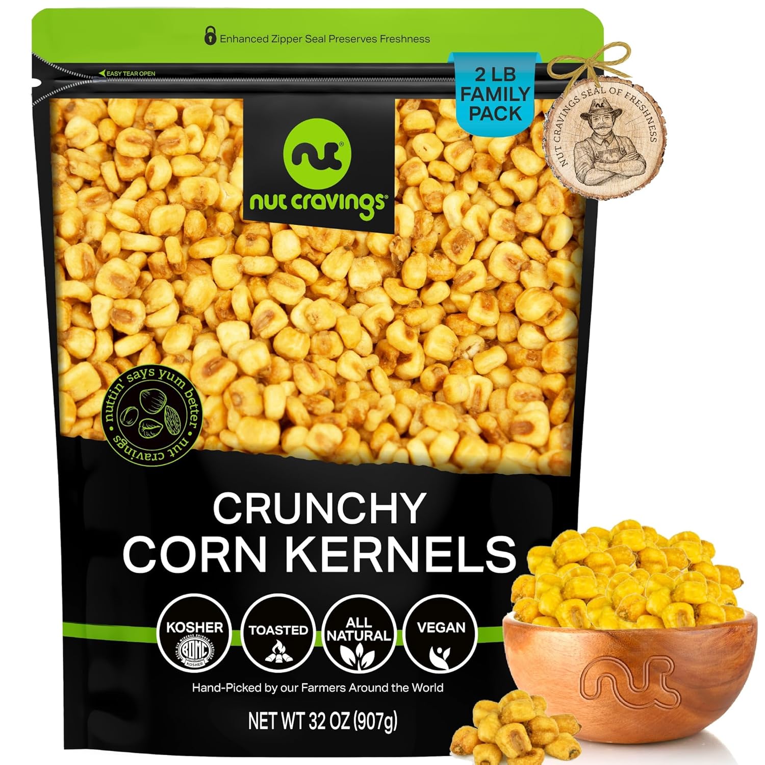 NUT CRAVINGS - Toasted Crunchy Corn Kernels - Original Flavor Roasted & Salted (32oz - 2 LB) Packed Fresh in Resealable Bag - Healthy Snack, Protein Food, All Natural, Vegan, Kosher