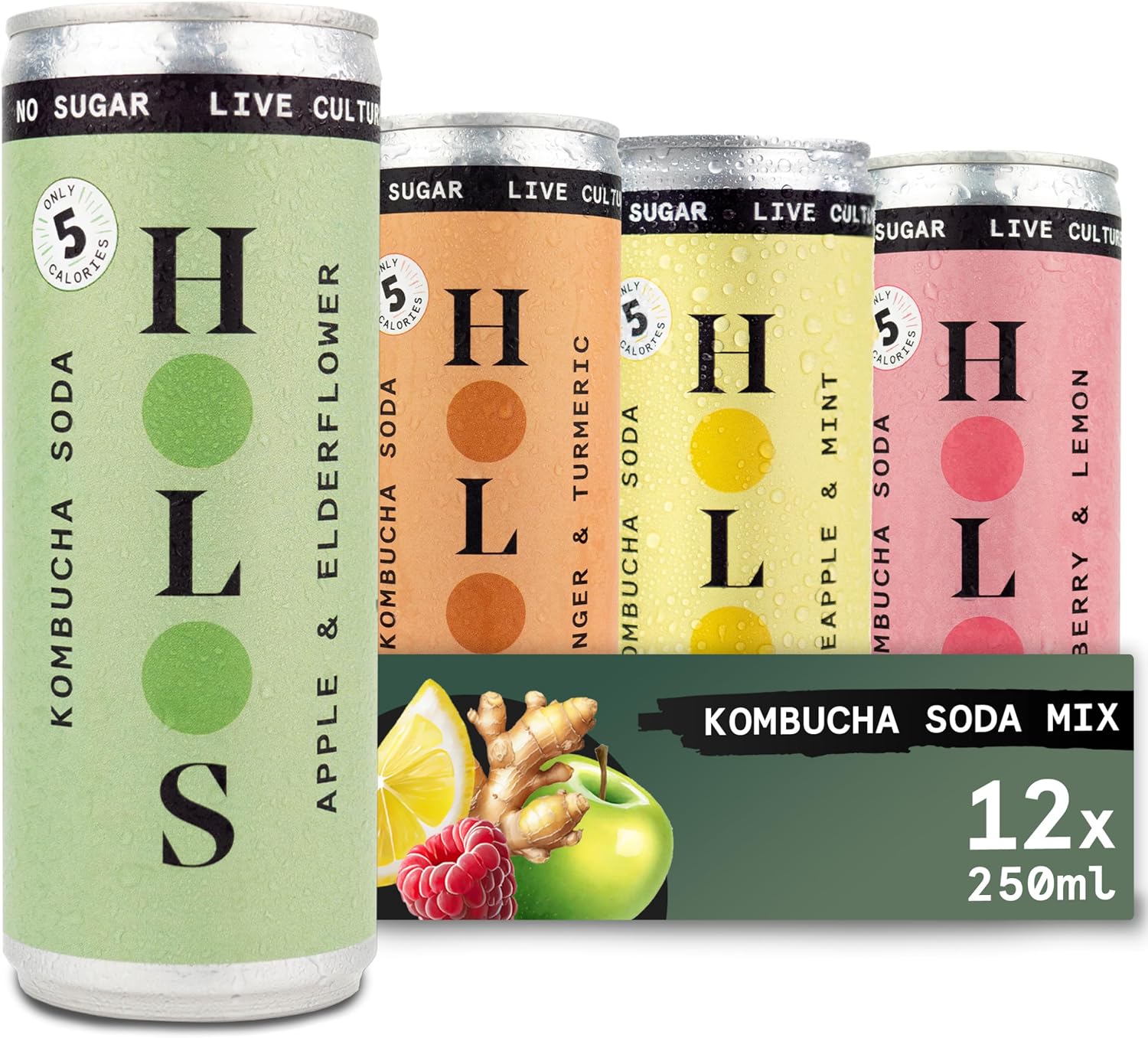 HOLOS Mixed Case Sparkling Kombucha Soda - 3x Each Raspberry & Lemon, Apple & Elderflower, Ginger & Turmeric, Pineapple & Mint - Sugar Free Gluten Free Live Culture Drink - 12 x 250ml Kombucha Cans