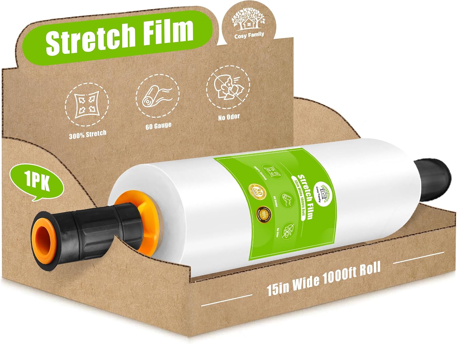 Cosy Family Plastic Wrap Stretch Film Roll - 1000ft 60 Gauge Industrial Strength 15 inch Wide Clear Plastic Wrap Roll with Handles for Pallet Wrapping Shipping Moving - Clear, Pack of 1