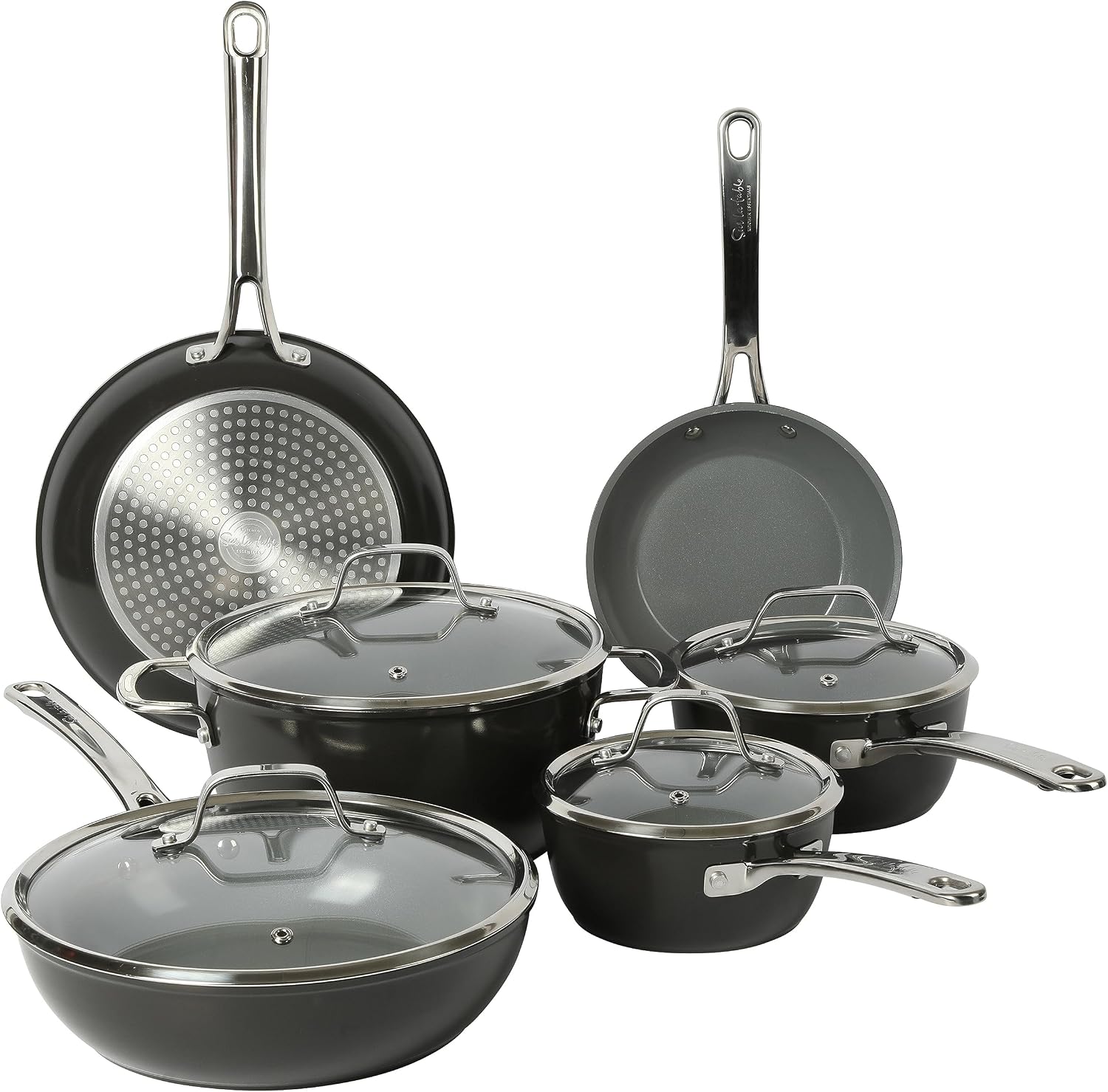Sur La Table Kitchen Essentials 10 Piece PFA Free Titanium Ceramic Nonstick Interior Forged Aluminum Cookware Pots and Pans Set - Black - Induction Compatible