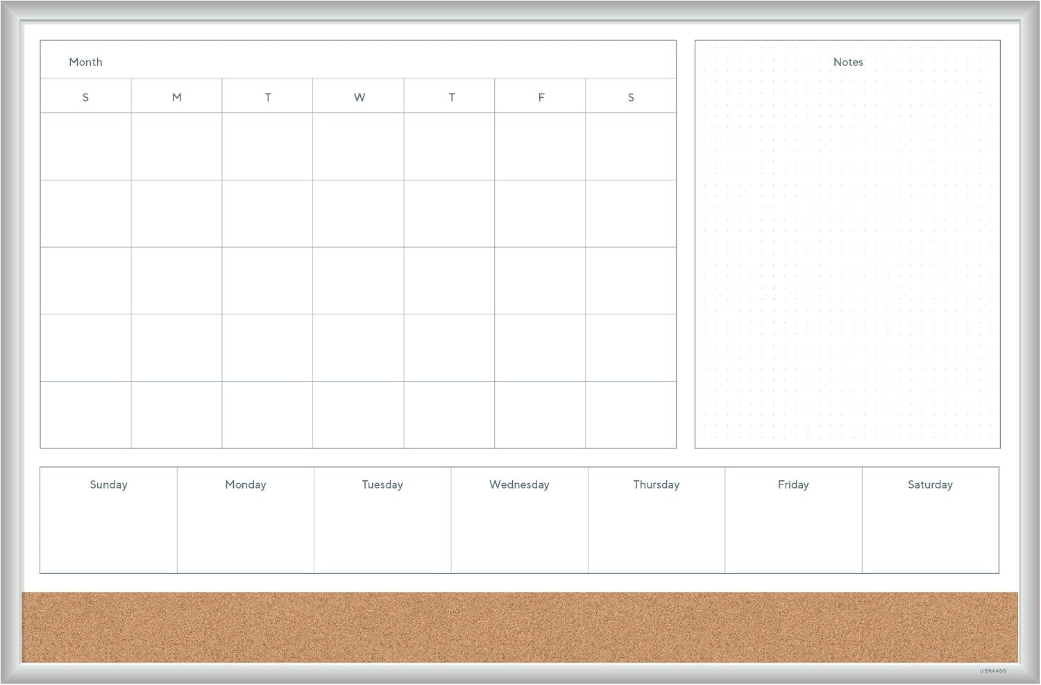 U Brands Magnetic Dry Erase 4-in-1 Calendar Board, 36"x24", Silver Aluminum Frame
