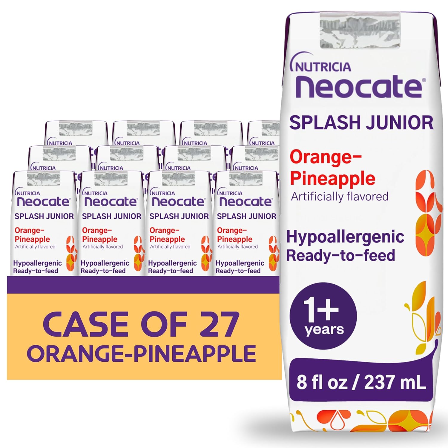 Neocate Splash Junior - 1+ years - Hypoallergenic Toddler Formula for Food Allergy Relief - Ready-to-Feed Hypoallergenic Amino Acid-Based Toddler Junior Formula - Orange-Pineapple 8 fl oz (Case of 27)