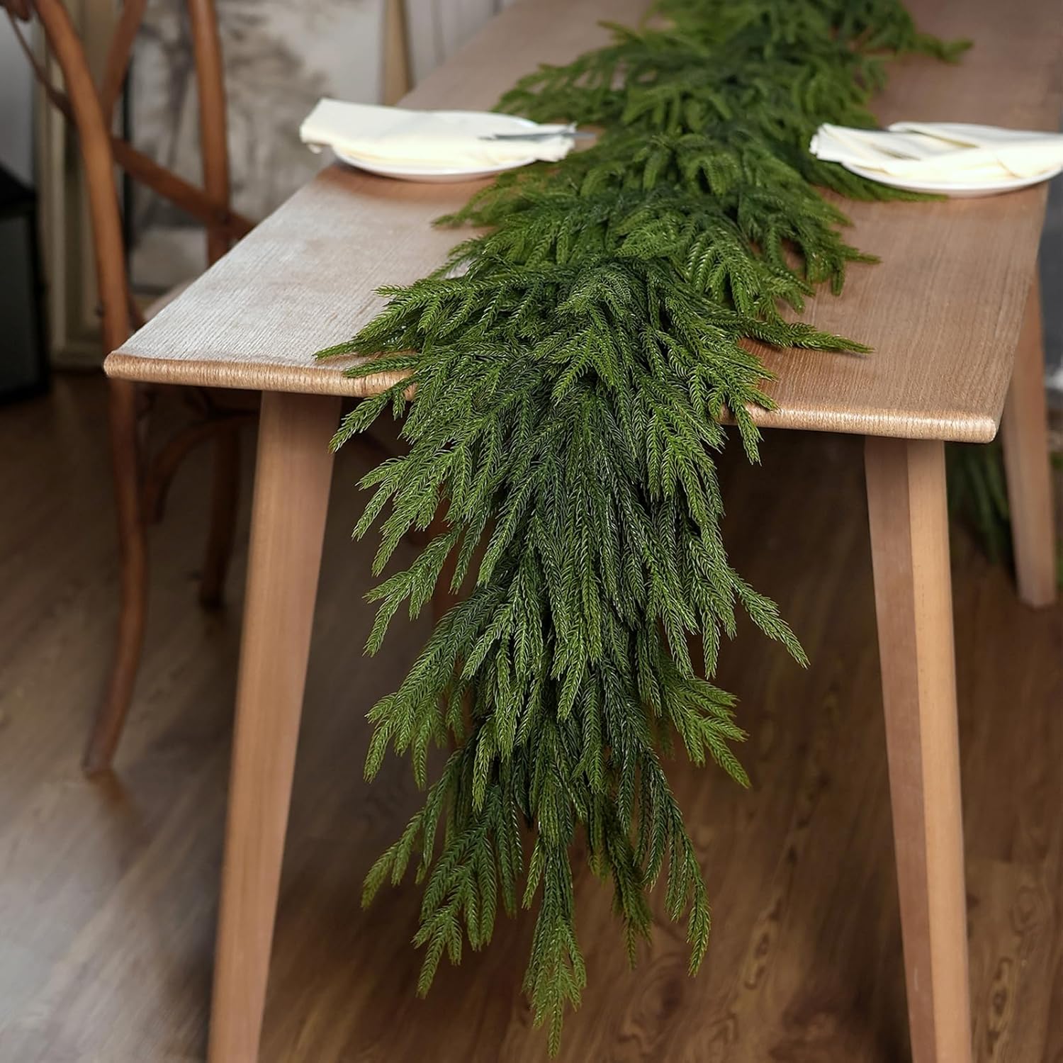 9 FT Real Touch Norfolk Pine Garland Green Artificial Christmas Garland Faux Greenery Garland for Holiday Fireplace Mantle Window Indoor Outdoor Decor (2 PCS)