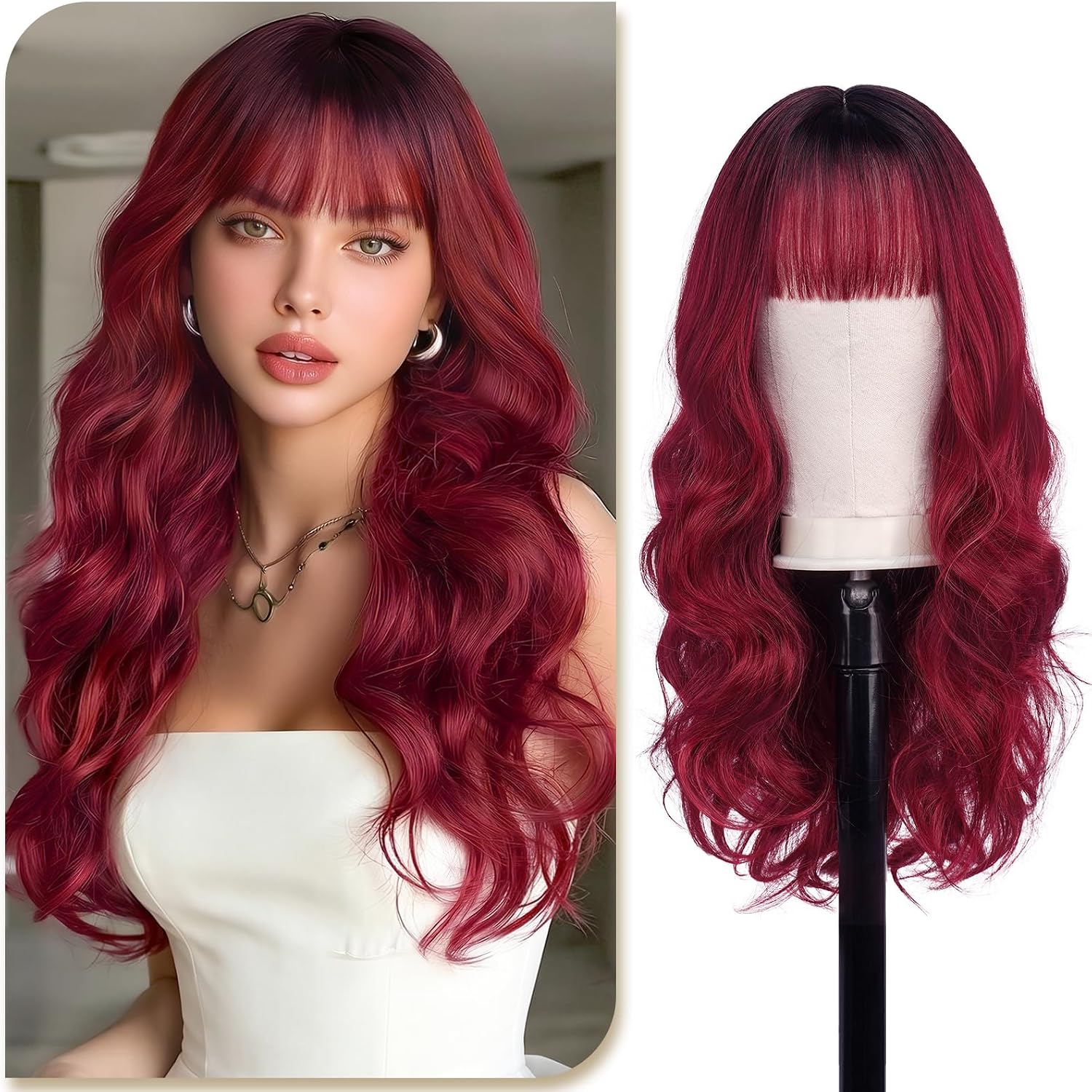 Sofeiyan Long Wavy Wig with Bangs,Burgundy Black Ombre Heat Resistant Synthetic Wig for Women,24 Inch Natural Wigs with Air Fringe for Daily Prom Cosplay Festival Party