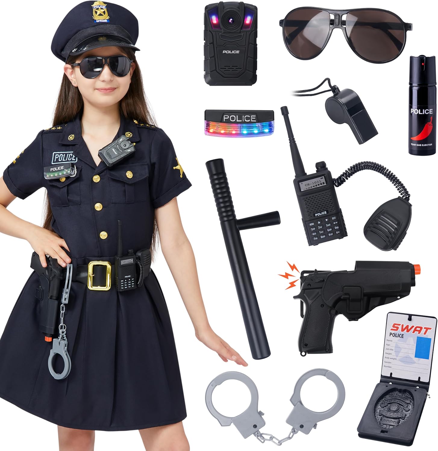 Spooktacular Creations Police Officer Kids Girl Cop Costume Outfit Set with Pretend Play Accessories, Fancy Dress Costume for Halloween Dress Up Party, Role-Playing, Carnival Cosplay, Themed Parties
