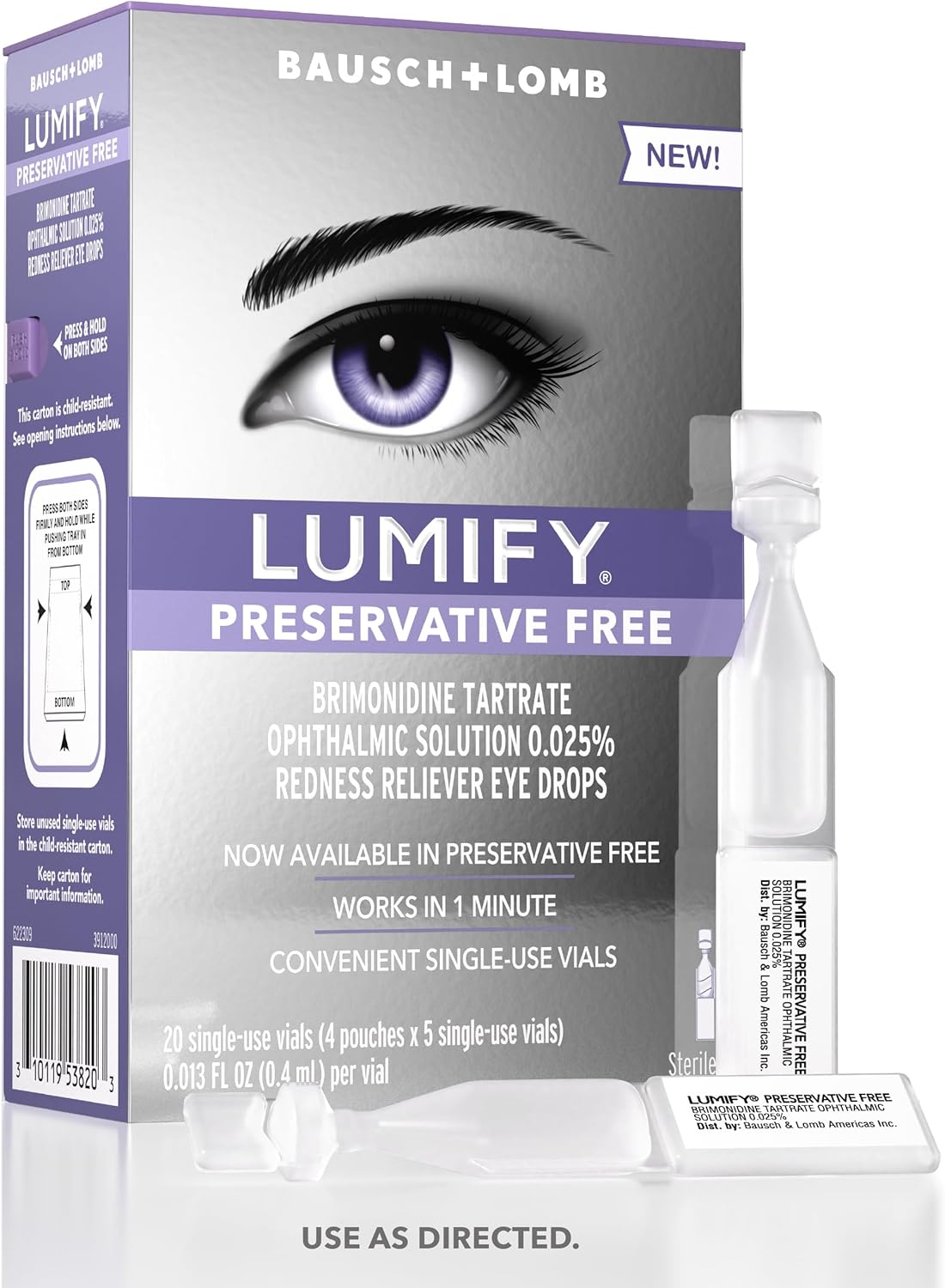 LUMIFY Preservative Free Eye Drops for Red Eyes, Redness Reliever for Sensitive Eyes, Brightens & Whitens, Works in 1 Minute & Lasts Up to 8 Hours, 20 Single-Use Eye Drop Vials