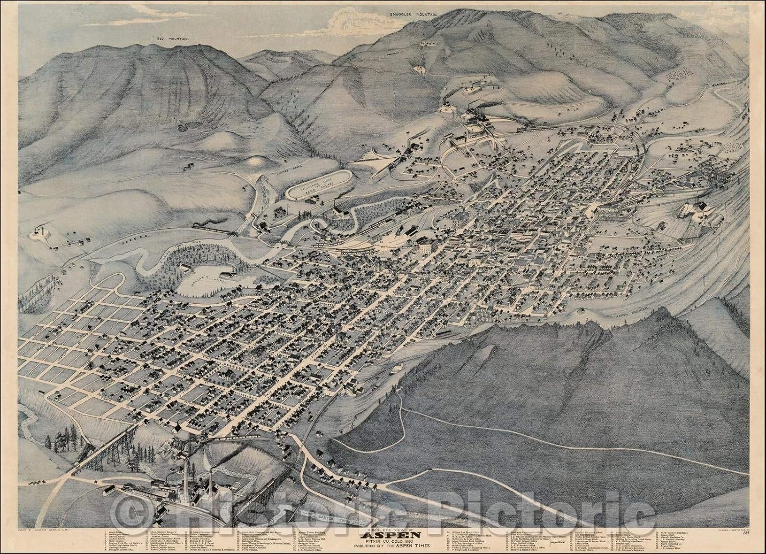 Historic Map - Bird's Eye View of Aspen Pitkin Co. Colo, 1893, Augustus Koch v3 44in x 32in