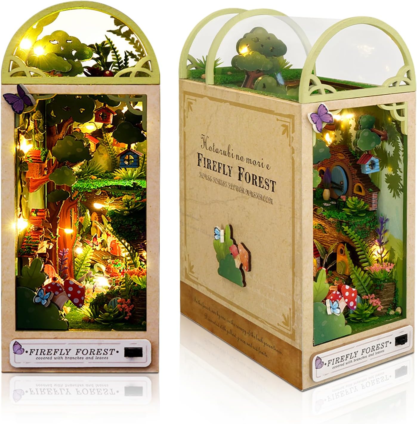 3D Wooden Book Stand Puzzle, DIY Dollhouse Wood Bookends Book Nook Model Building Kit with LED Light for Teens and Adults to Build-Creativity Gift for Christmas(Firefly Forest)