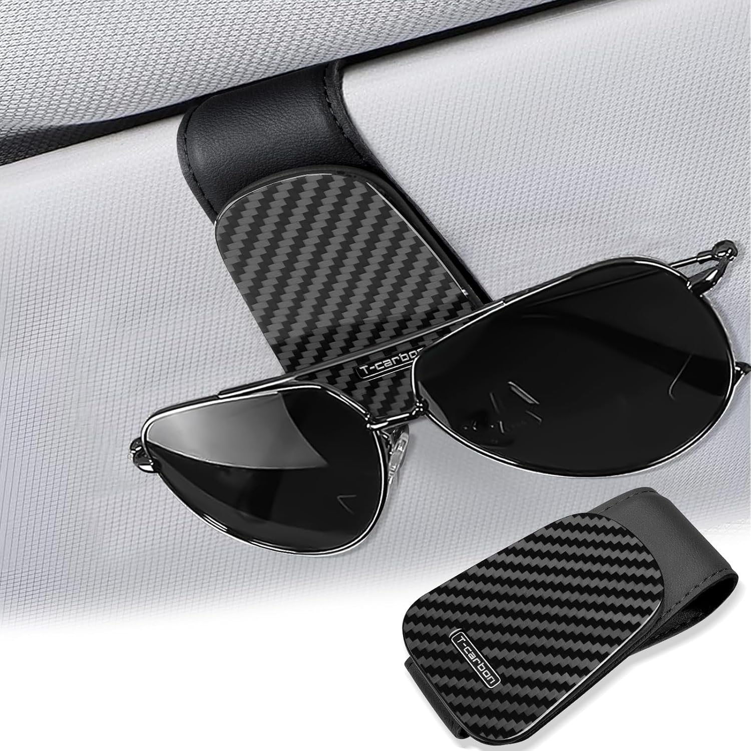 Sunglass Holder for Car,Magnetic Sunglasses Clip for Car Visor,Carbon Fiber Sunglasses Clip and Ticket Card Clip, Leather Sunglasses Clip for Car Visor,Black