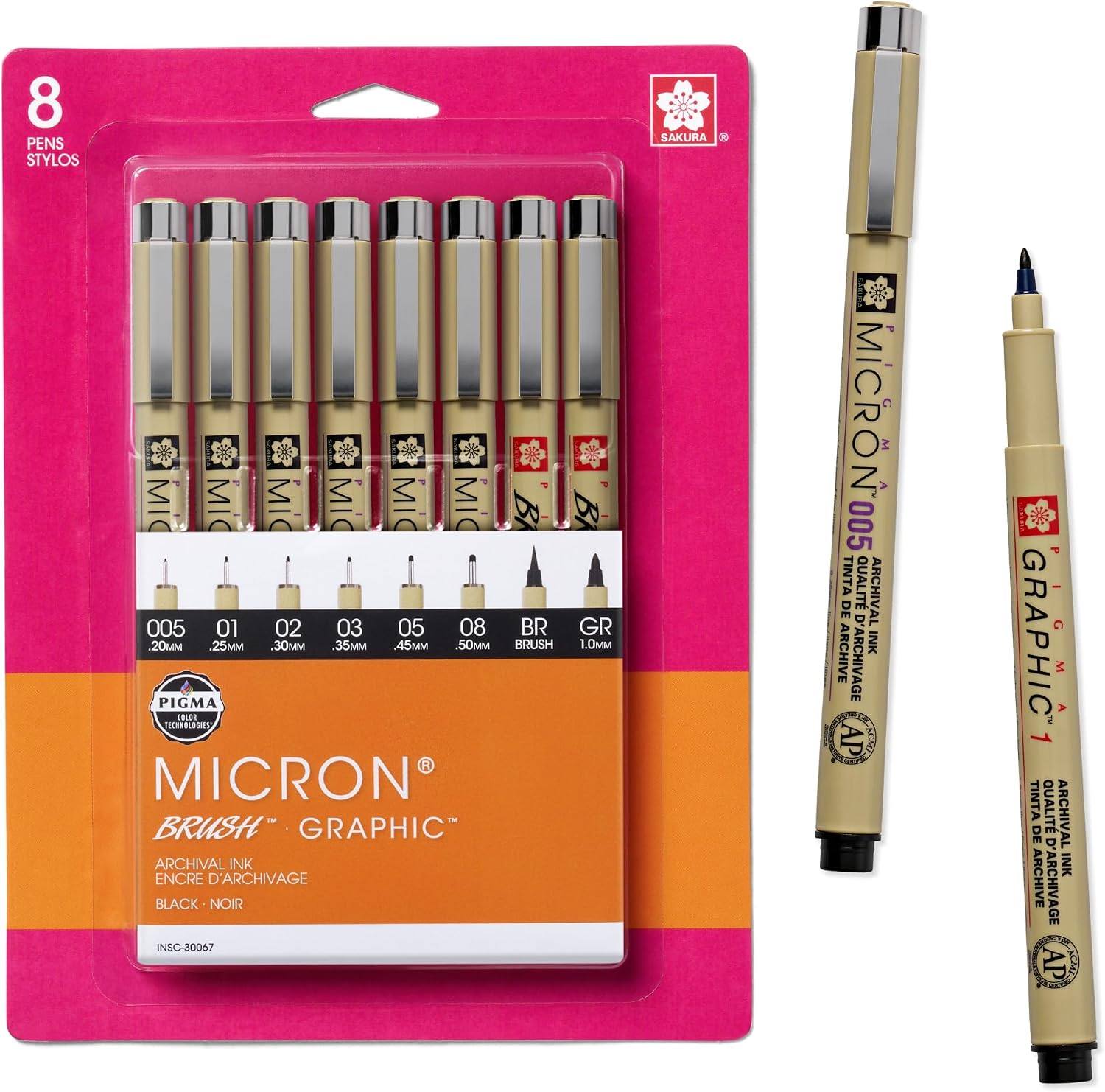 SAKURA Pigma 30067 Micron Blister Card Ink Pen Set, Black, 8/Set
