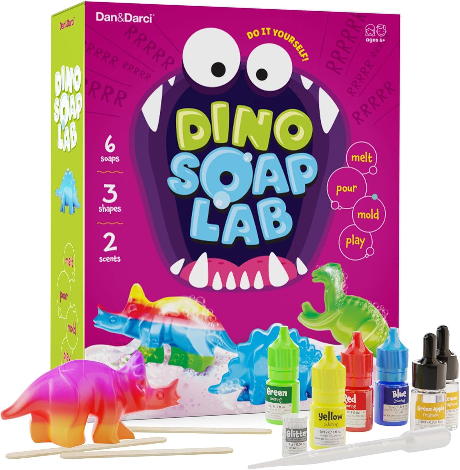 Dan Darci Dino Soap Making Kit - Dinosaur Science Experiments for Kids All Ages - ART CRAFT KIT - Yellow, Blue, Red - Unisex - Ages 4+