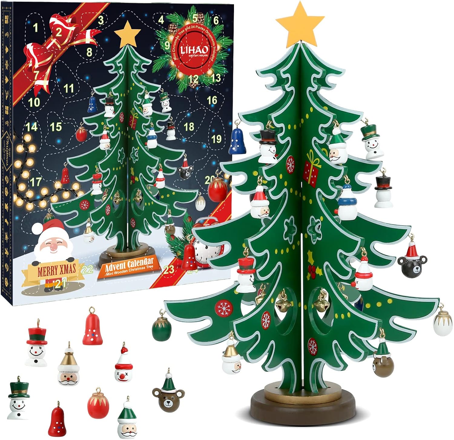 LIHAO Advent Calendar 2026 24 Days Christmas Countdown Calendar Wooden Tree | Miniature Ornaments, Tabletop DIY Mini Tree, Christmas Desk Decoration or Gift