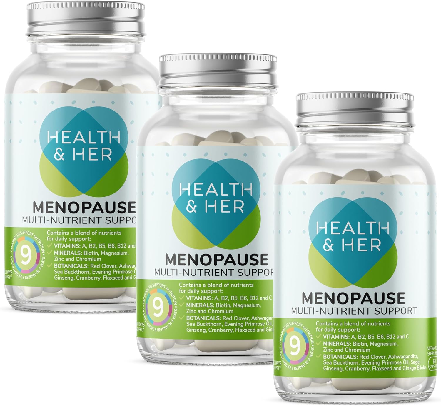 Health & Her Menopause Supplements for Women - Multi-Nutrient Wellbeing Support - Wellbeing for Menopause - 3 Month Supply, 180 Capsules - Vegan