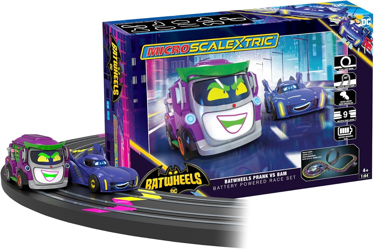 Scalextric Micro Car Race Track Sets for Kids Age 4+ - Batwheels Prank vs Bam Themed Construction Set, Battery Powered Racing, Slot Cars Kids' Play Vehicles - Mini Toy Tracks for Boys
