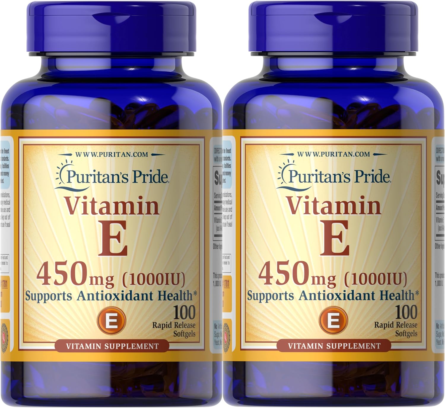 Puritan's Pride Vitamin E-450mg (10,000IU), Vitamin Supplement for Immune System Function and Antioxidant Health Support, 100 Rapid Release Softgels, 2 Pack
