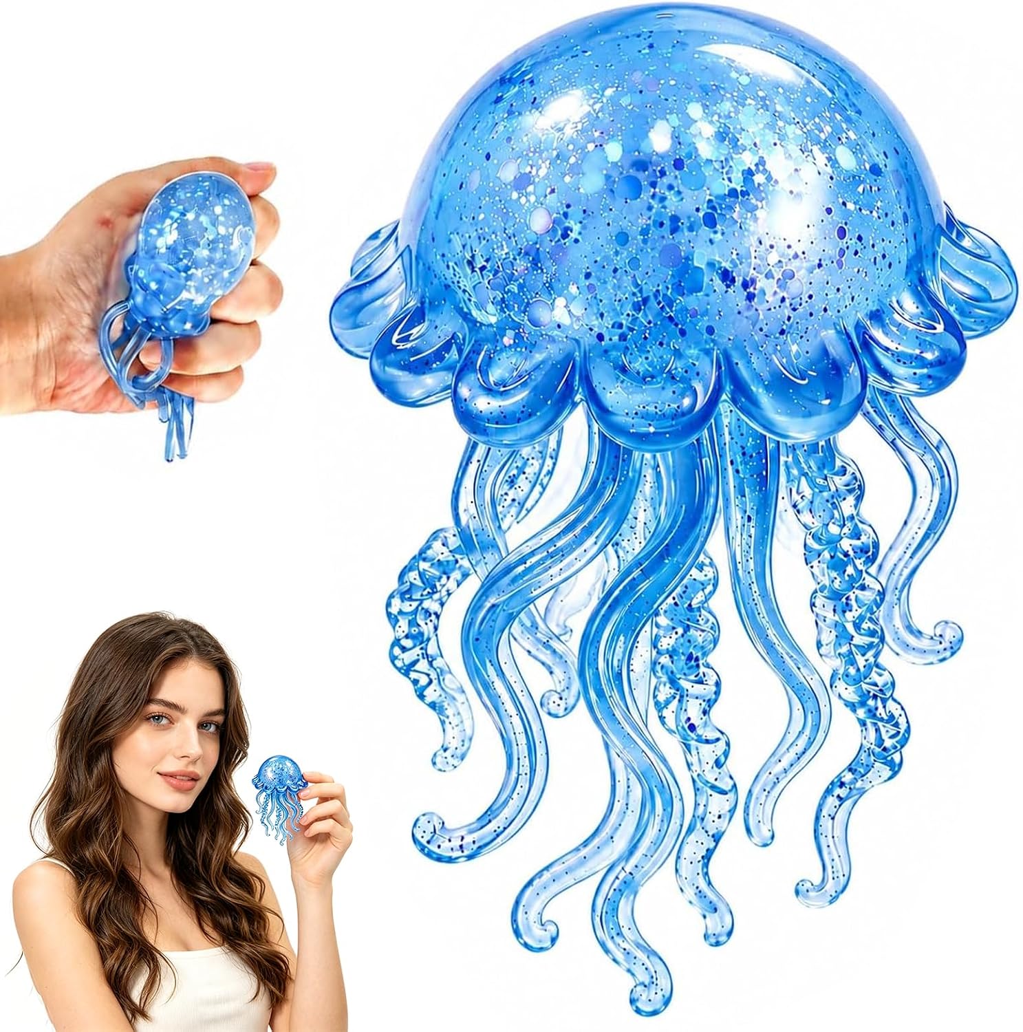 Glitter Jellyfish Squishy Toy,Stress Relief Fidget Toy for Kids & Adults,Soft TPR Sensory Toy with Wiggly Tentacles,Anxiety Relief Squeeze Ball, Jellyfish Squishy for Office School Travel Party