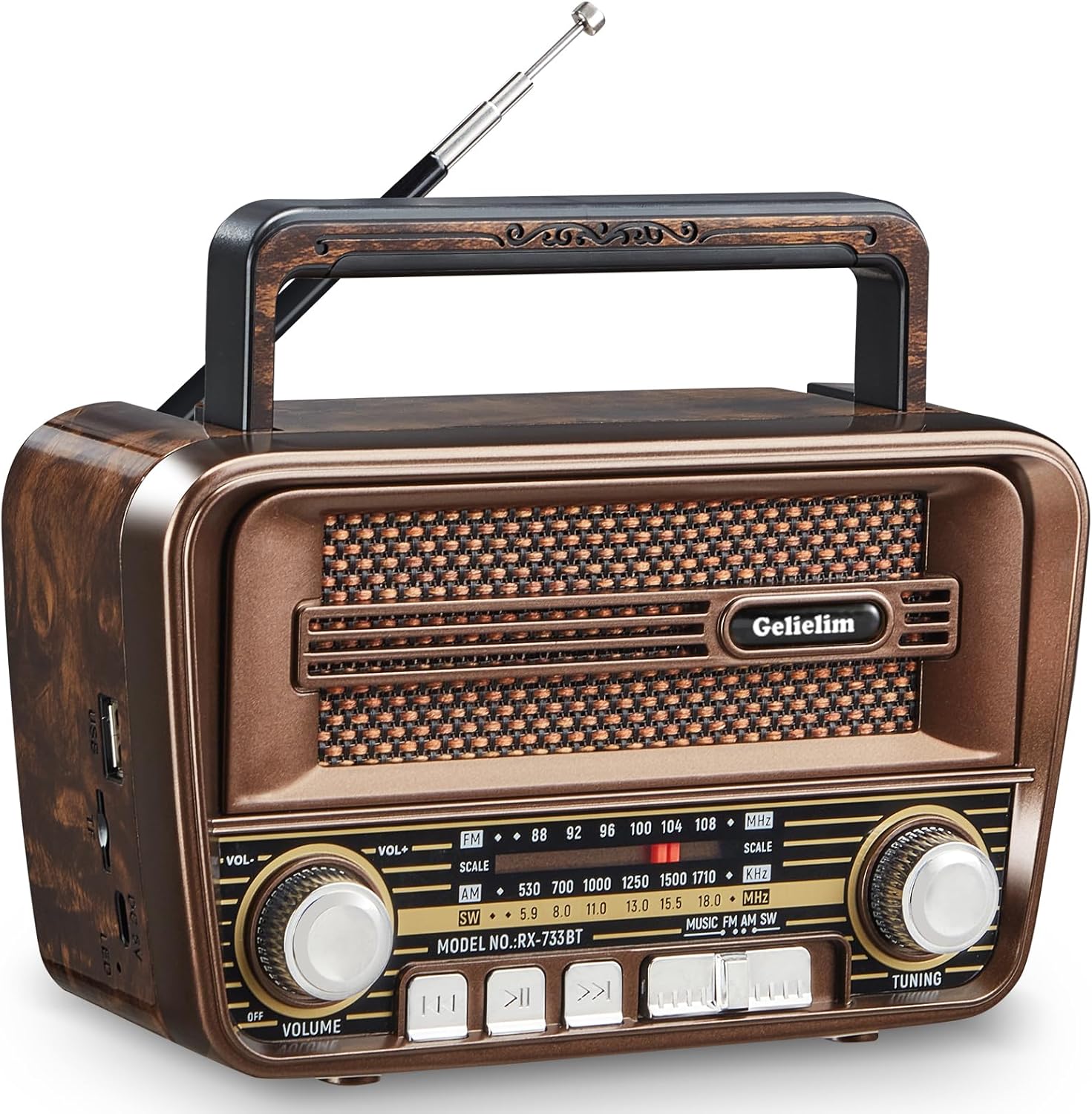 Gelielim Portable Radio AM FM, Vintage Retro Bluetooth 5.3 Speaker, Shortwave Radio Support TF Card/USB, Battery Powered, Gift for Elderly, Retro Vintage Decor for Home, Brown