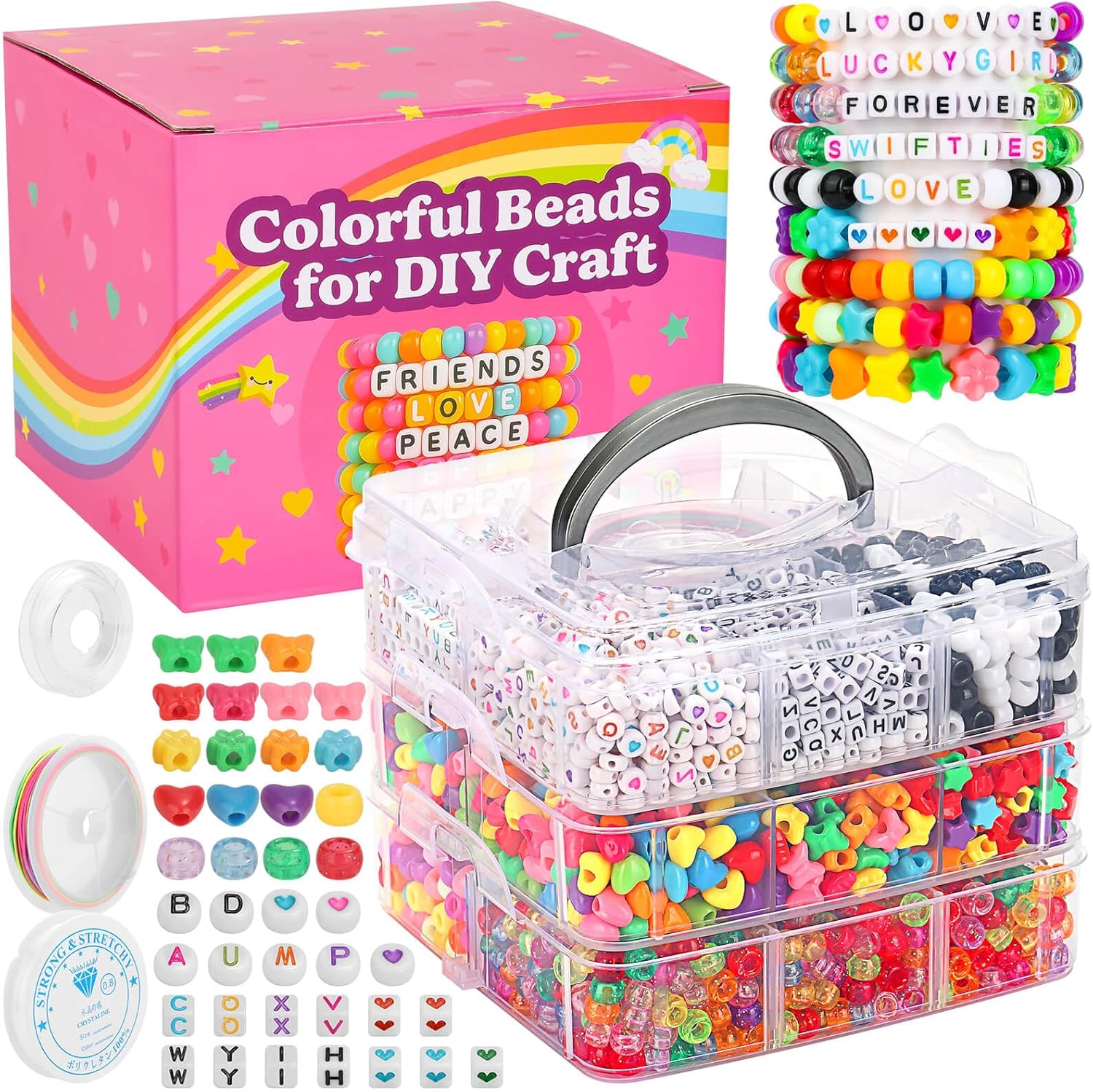 shynek 3800 Pony Beads: Bulk for Bracelets, Hair Braids & Craft - Colorful Plastic, Kandi, Star & Letter Beads for Jewelry Making