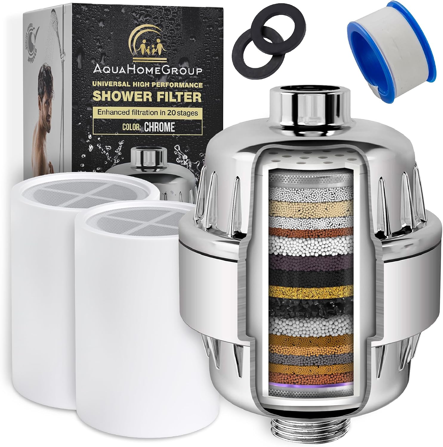 AquaHomeGroup 20 Stage Shower Head Filter with Vitamin C E A for Hard Water - High Output Filter to Remove Chlorine and Fluoride - 2 Cartridges Included - Consistent Flow Showerhead Filters