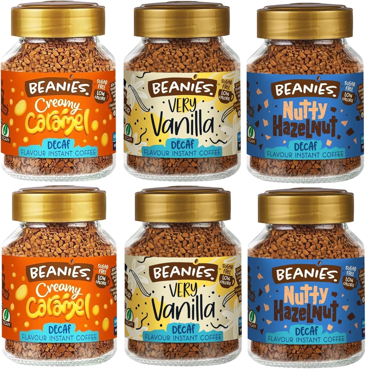 Beanies Flavoured Instant Coffee Decaf Variety Pack - 6 x 50g jars - Creamy Caramel, Nutty Hazelnut and Very Vanilla