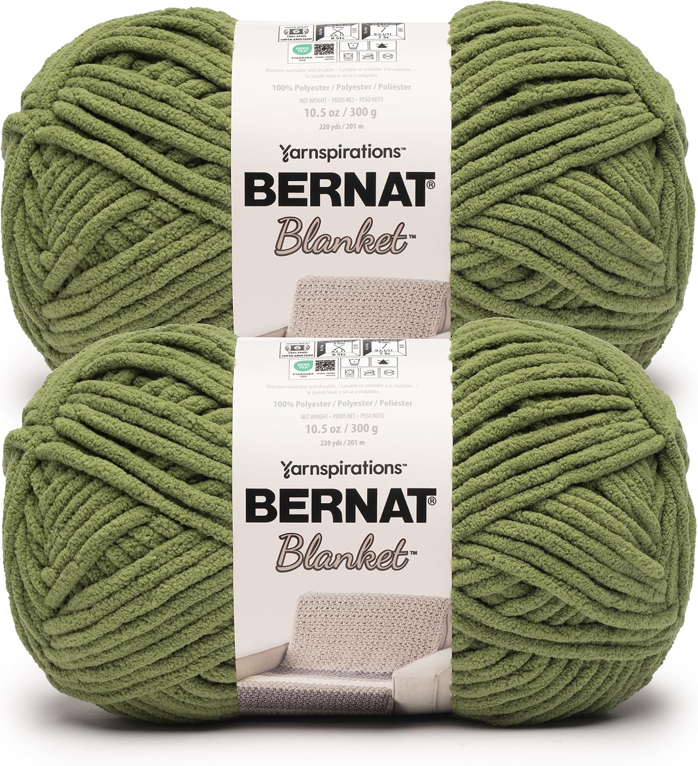 Bernat Blanket Yarn Super Bulky Soft Chenille Yarn, Khaki Green 2-Pack