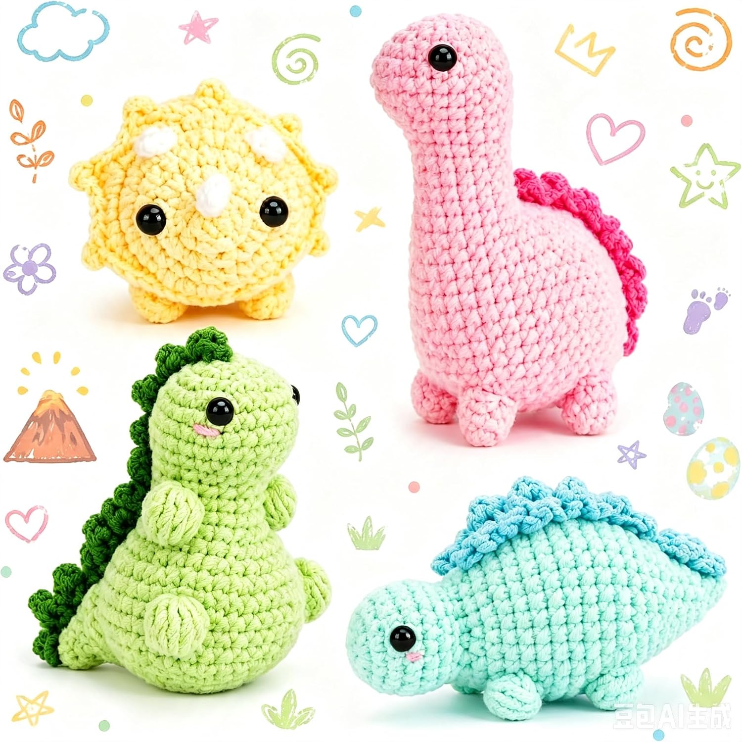 Crochetta Crochet Kit for Beginners, 4 PC Dinosaur Family (40%+ Yarn)