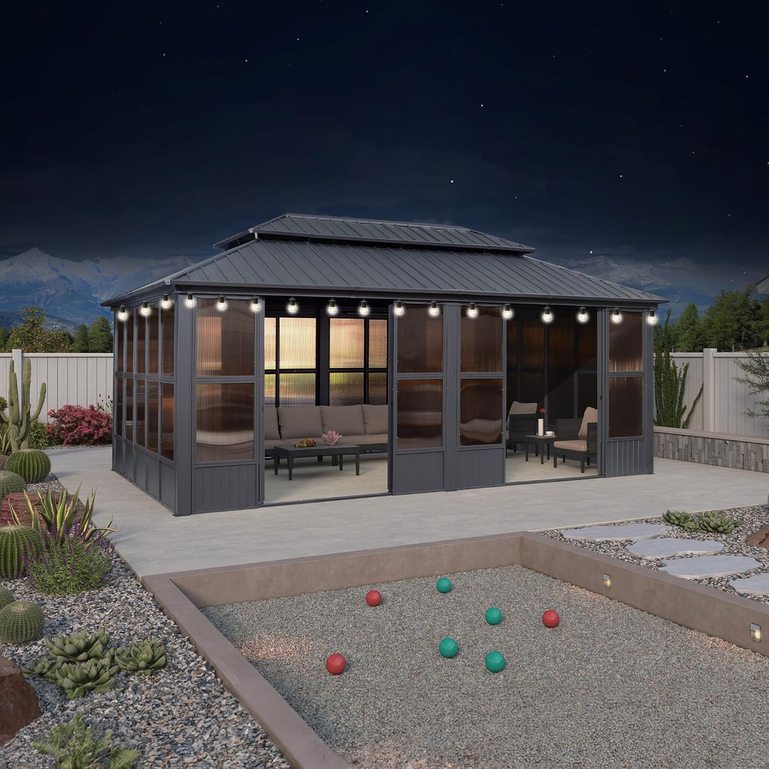 PURPLE LEAF 12' X 20' Sunroom with Light Permanent Hardtop Gazebo Solarium Galvanized Steel Double Roof Aluminum Outdoor Screen House for Patio Deck Backyard Grey