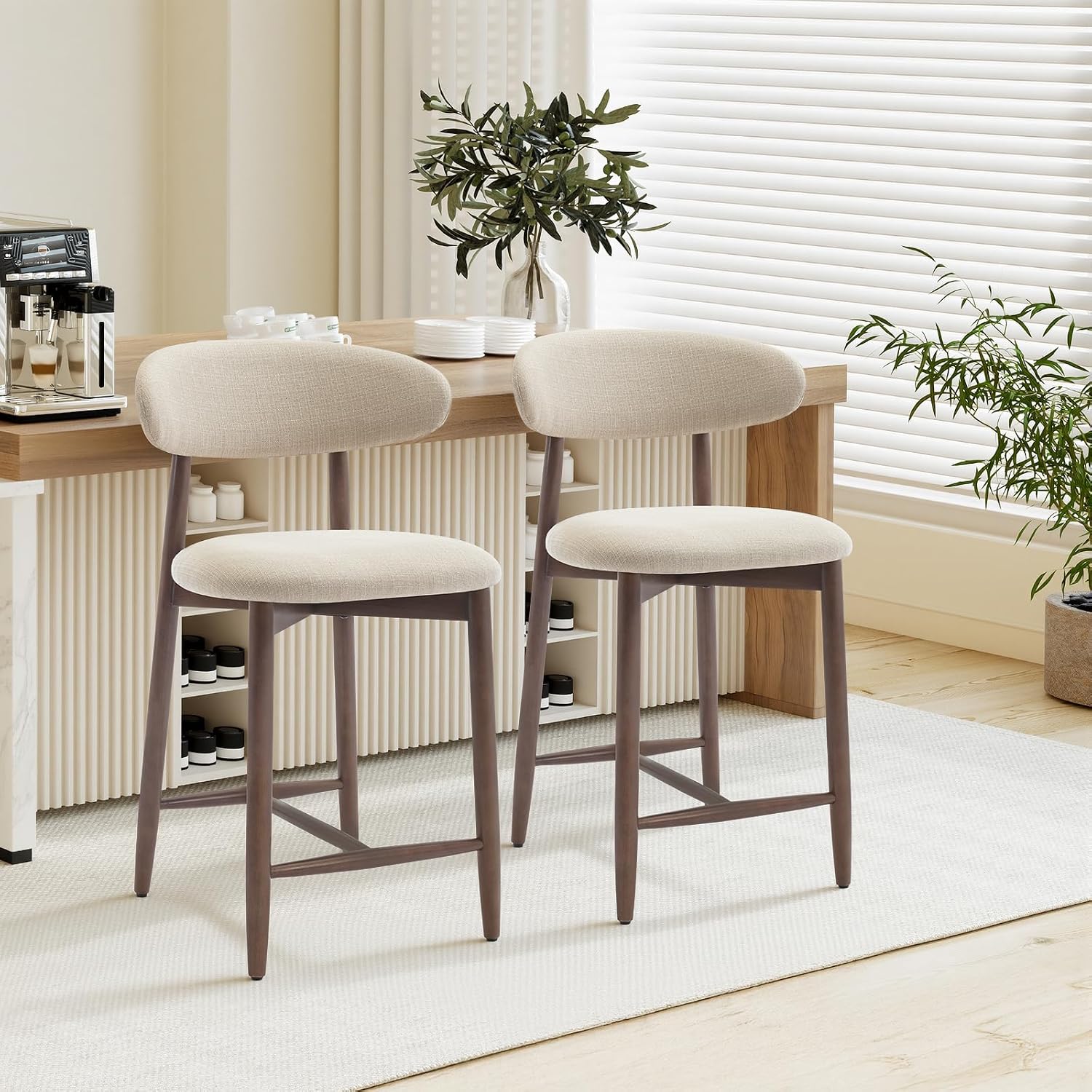 COLAMY 2PCS Counter Height Bar Stools with Back, Modern Upholstered Bar Chairs with Ergonomic Backrest & Footrest, Rubberwood Frame, Breathable Fabric, Padded Seat for Kitchen Island & Home Bar