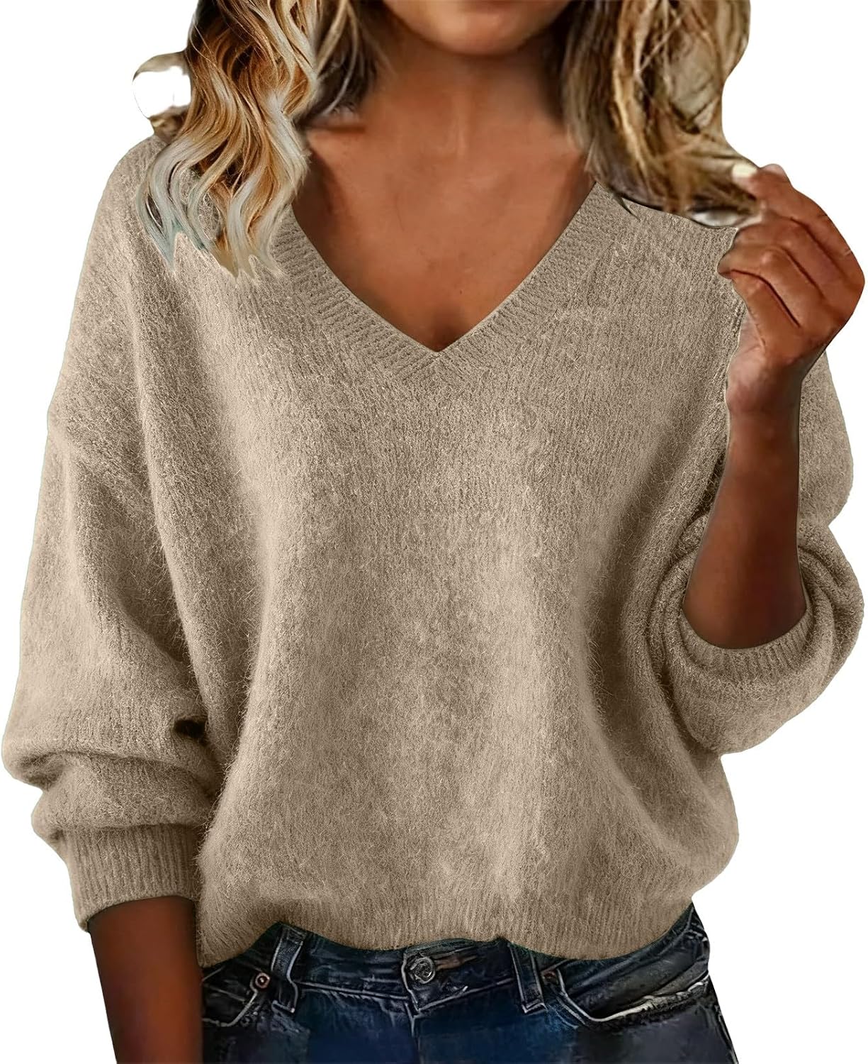 Jumpers for Women UK Winter Lightweight Sweater Soft Comfortable Long Sleeves Plain Pullover Solid Color Casual V Neck Tops Clothing Fashion Slim Fit Fall Outfits
