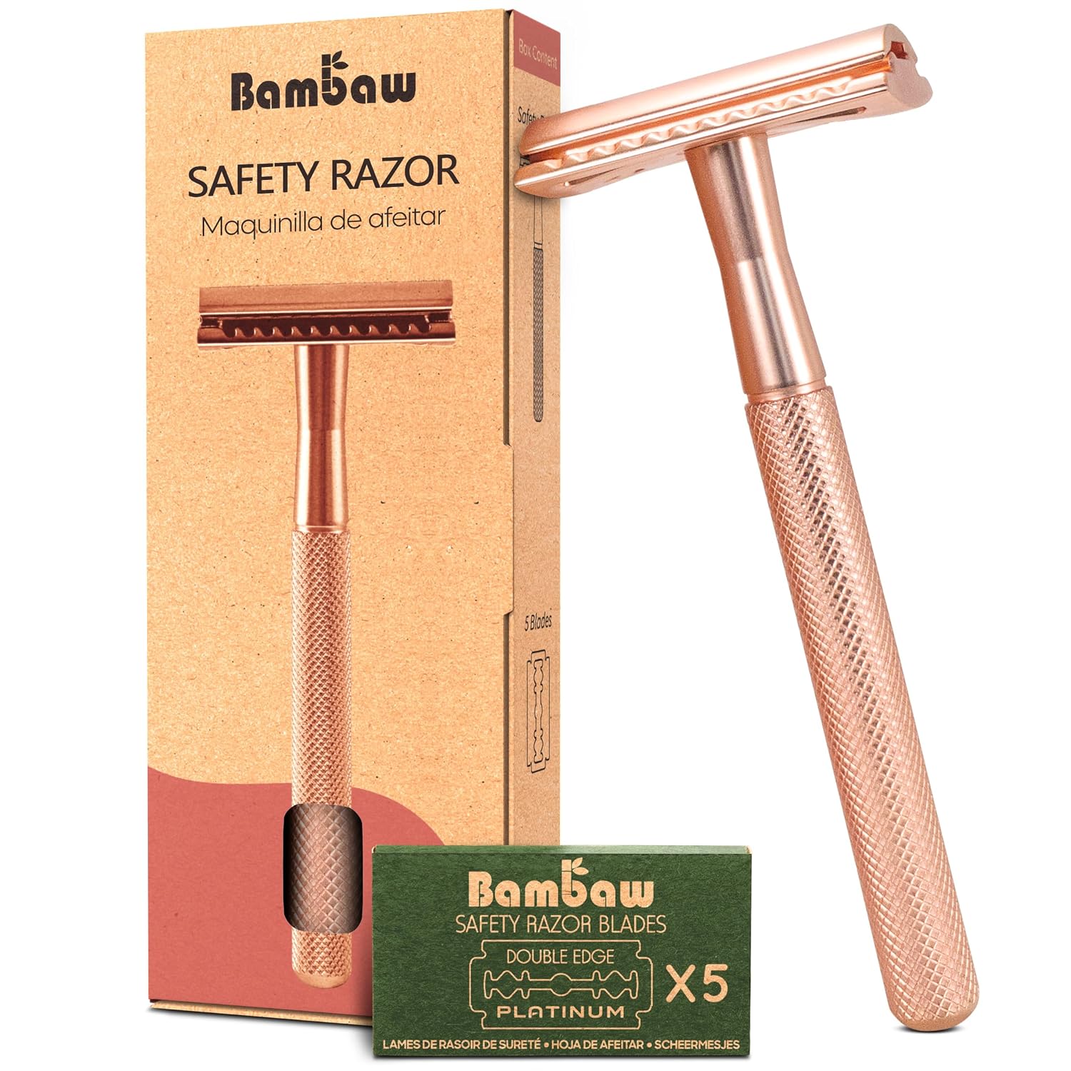 Bambaw Safety Razor for Women with 5 Double Edge Blades, Double Edge Razor, Single Blade Razors for Women and Men, Reusable & Plastic Free – Rose Gold