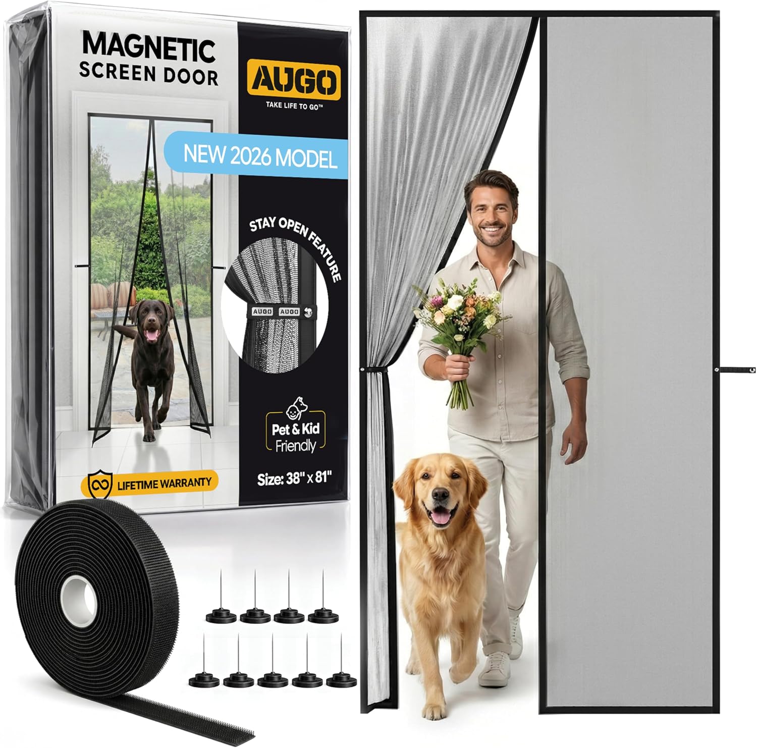 AUGO Magnetic Screen Door Mesh, Heavy Duty, Hands Free, 38 x 81 Inch