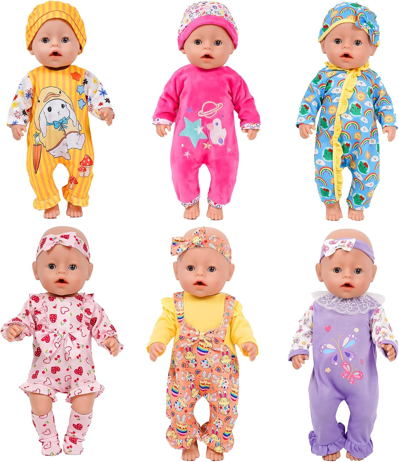 6 Sets 14-16 Inch Baby Doll Clothes, New Born Doll Outfits with Rompers & Accessories for 16-inch Soft Body Dolls (43cm, No Doll)