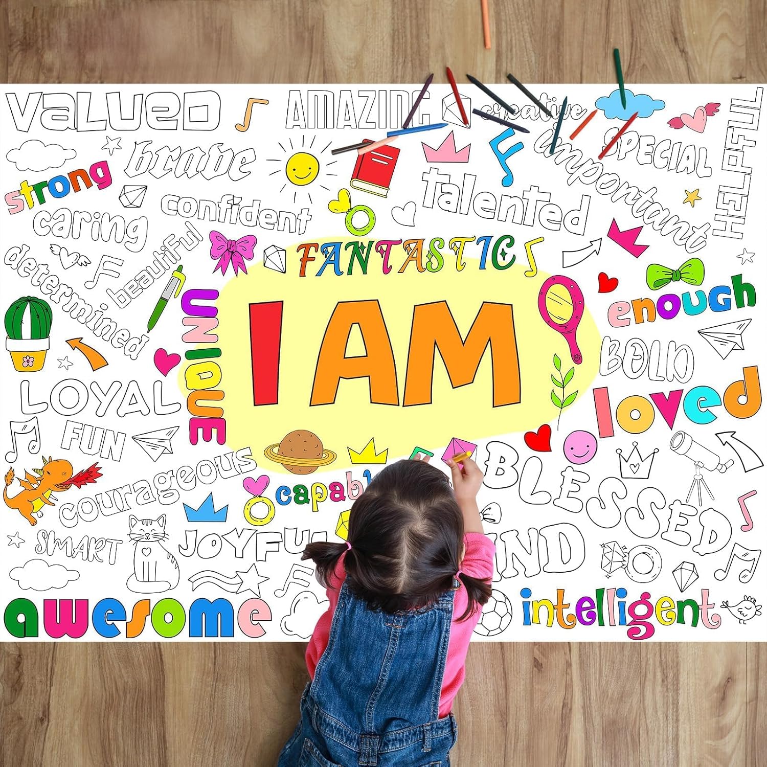Positive Affirmations Coloring Poster for Kids Giant Coloring Poster Large Positive Coloring Tablecloth Jumbo Coloring Books for kids Classroom Home Birthday Party Supplies Favor