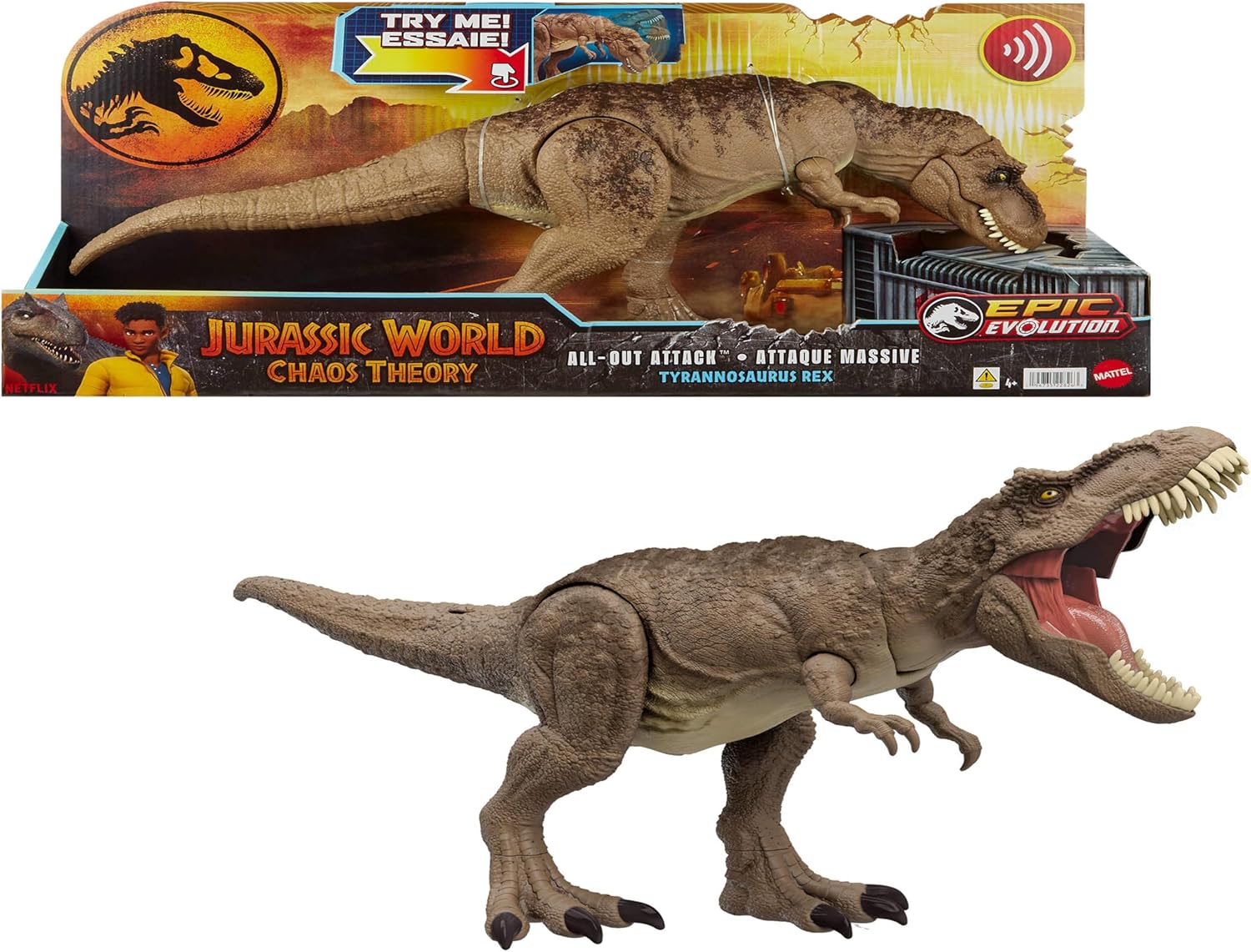 Mattel Jurassic World: Chaos Theory Netflix - All-Out Attack Tyrannosaurus Rex Dinosaur Action Figure Toy, T-Rex with Stomping Attack, Biting and Roar & Advanced Battle Spikes, HXF54