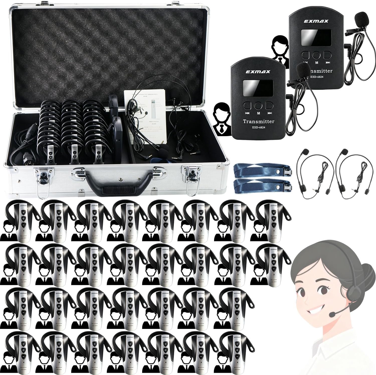 EXMAX® EXD-6824 2.4G Hands-free Audio Tour Guide System with 9999 Channel ID for Interpreter to Simultaneous Interpretation,for Tour Guide to travel (2 Transmitters 30 Receivers & 32-slot Charge Case)