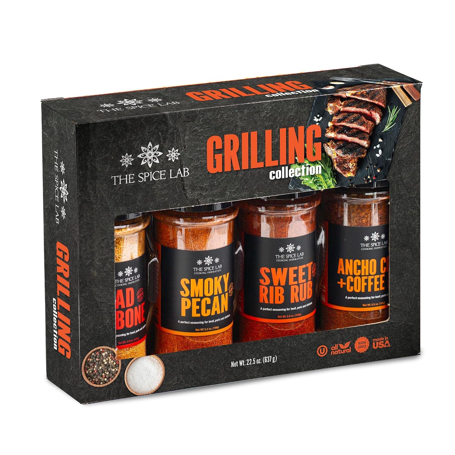 4 Shaker Jars Grilling Gift Box Set of BBQ Premium Grill Seasonings - Ultimate BBQ Accessories Set, a Must for every grill - Our Gourmet Grilling set of BBQ Seasonings for Pork, Beef, Chicken, and Vegetables. Good for all Around Cooking & Air Fryers - Great Gift for Men or a Gift for Dad. (Premium Gift Box) By The Spice Lab